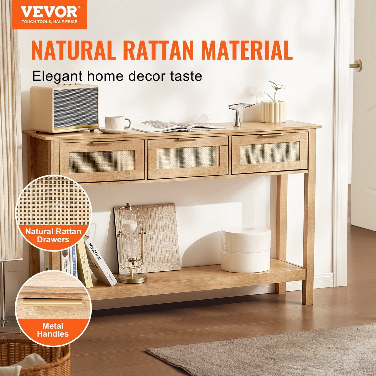 VEVOR Rattan Console Table with 3 Storage Drawers, Rattan Entryway Table with Natural Rattan Sliding Door, Console Sofa Table for Living Room, Study, Entryway Or TV Wall, Natural