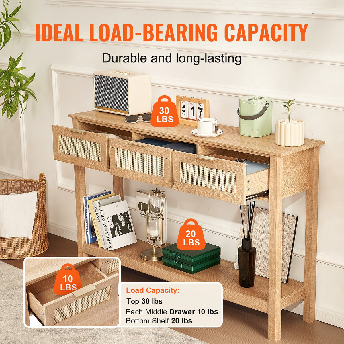 VEVOR Rattan Console Table with 3 Storage Drawers, Rattan Entryway Table with Natural Rattan Sliding Door, Console Sofa Table for Living Room, Study, Entryway Or TV Wall, Natural