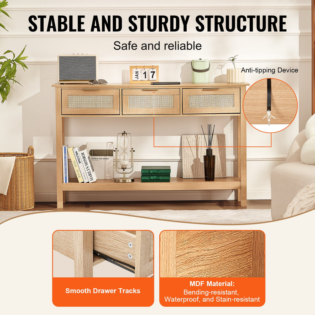 VEVOR Rattan Console Table with 3 Storage Drawers, Rattan Entryway Table with Natural Rattan Sliding Door, Console Sofa Table for Living Room, Study, Entryway Or TV Wall, Natural