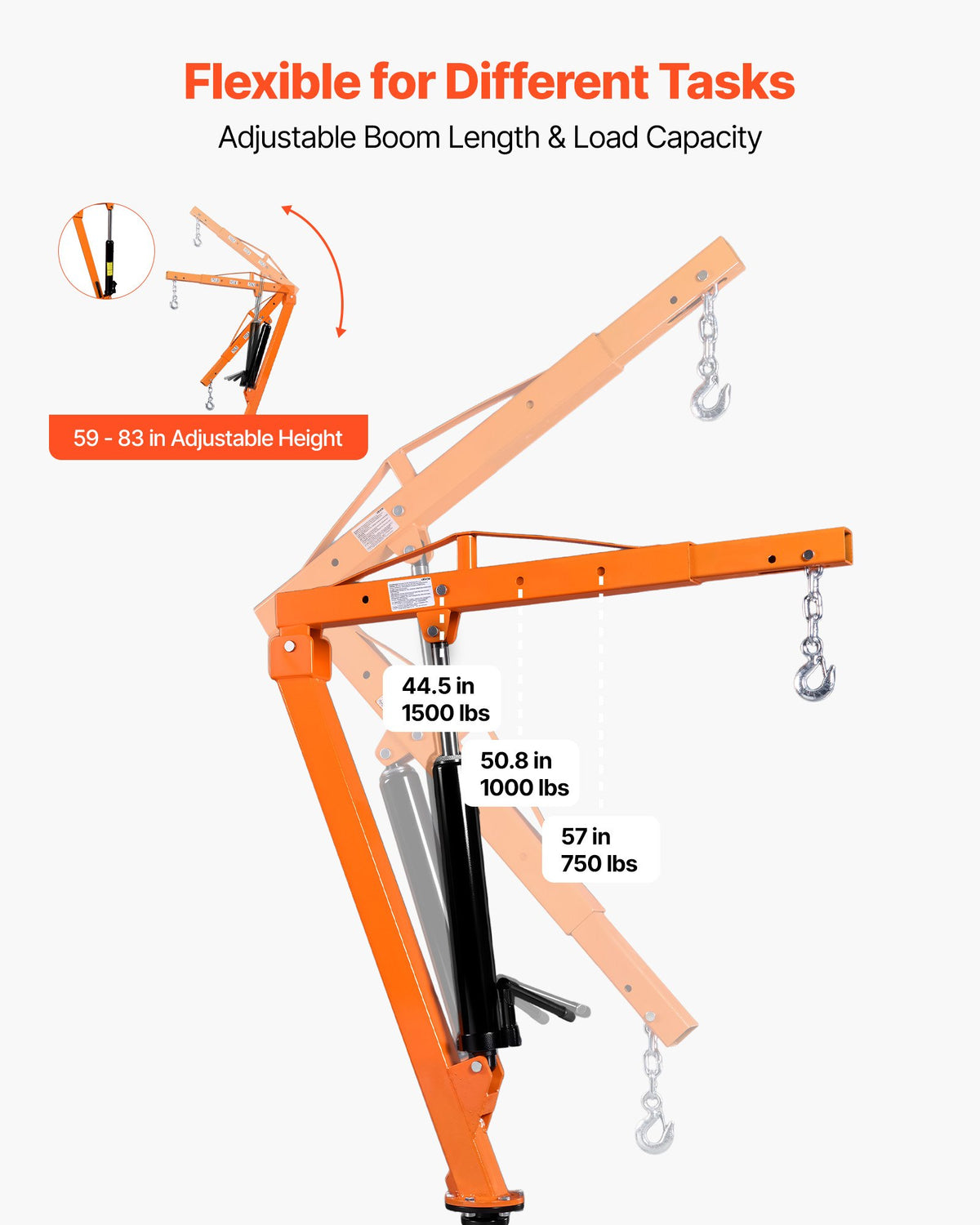 VEVOR Truck Crane, 680 kg Pickup Hitch Crane Trailer Hitch Mounted, Manual Hydraulic with 12T Hydraulic Jack, 360° Swivel Telescopic Boom, Foldable Truck Bed Jib for Machine Lumber Equipment Lifting