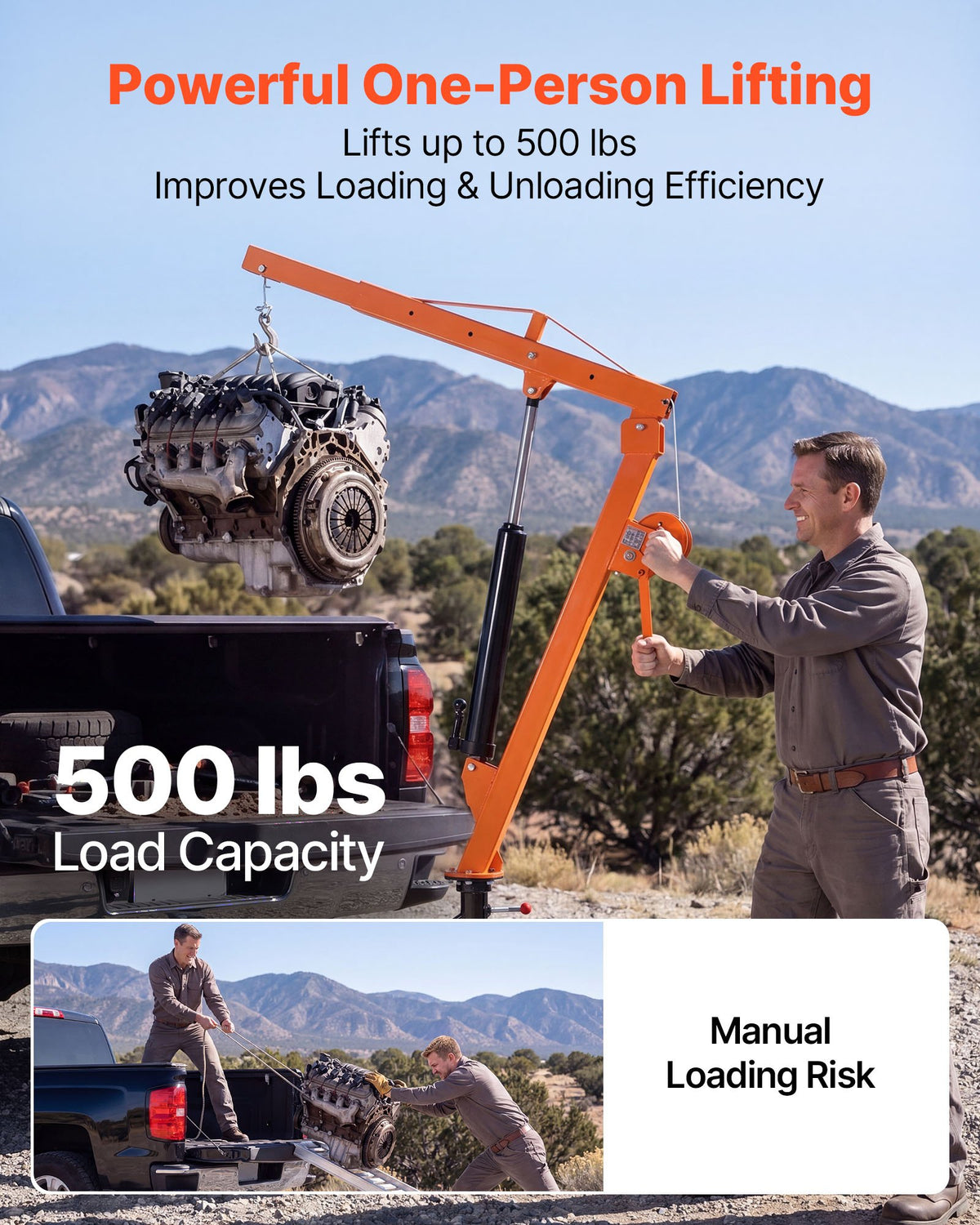 VEVOR Truck Crane, 227 kg Pickup Hitch Crane Trailer Hitch Mounted with Manual Winch & Hydraulic Jack, 360° Rotating Telescopic Boom, Foldable Truck Bed Jib Hoist for Machine Lumber Equipment Lifting