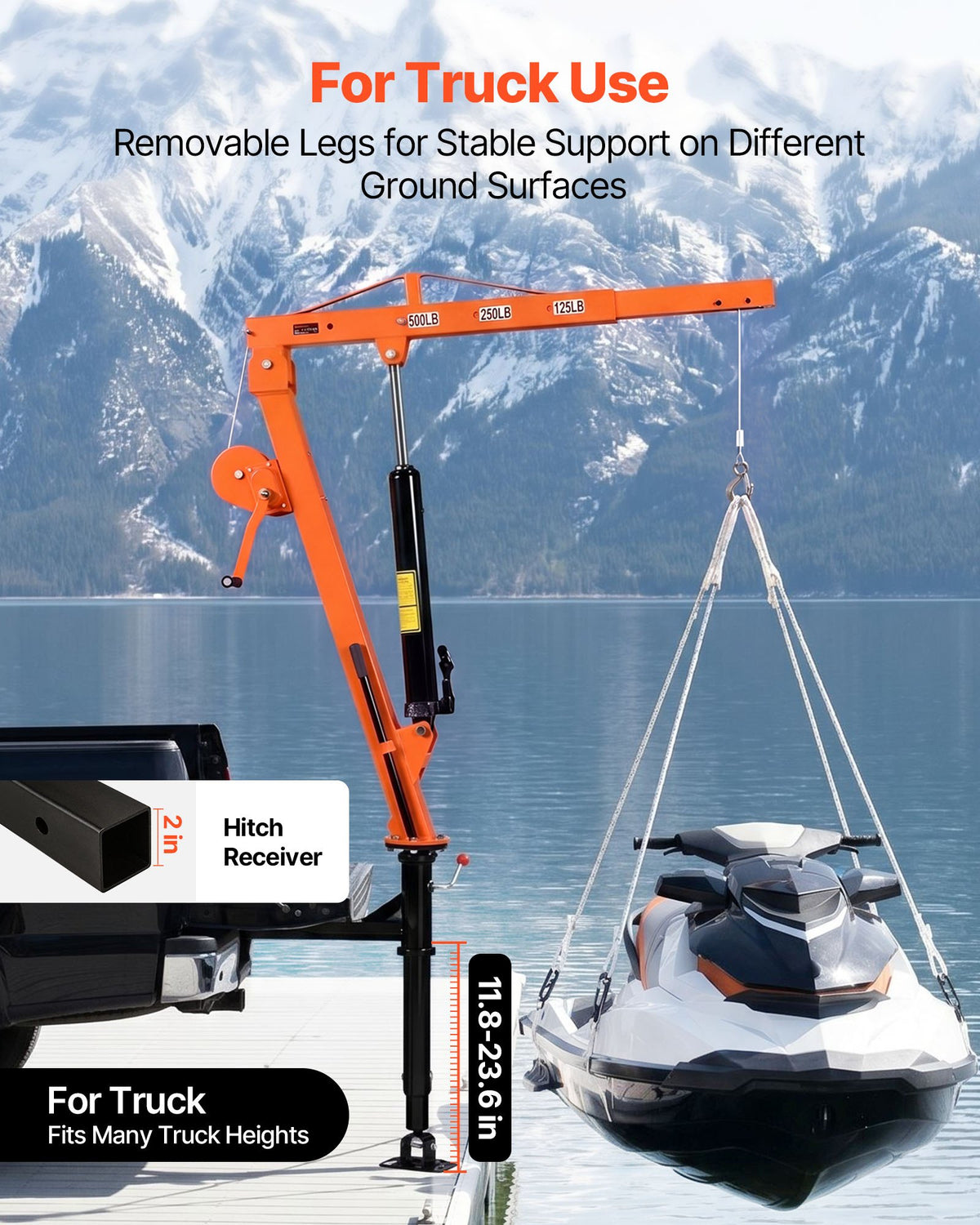 VEVOR Truck Crane, 227 kg Pickup Hitch Crane Trailer Hitch Mounted with Manual Winch & Hydraulic Jack, 360° Rotating Telescopic Boom, Foldable Truck Bed Jib Hoist for Machine Lumber Equipment Lifting