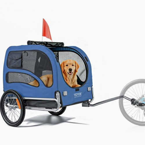 VEVOR Dog Bike Trailer, Supports up to 100 lbs, Pet Cart Bicycle Carrier, Easy Folding Frame with Quick Release Wheels, Universal Bicycle Coupler, Reflectors, Flag, Collapsible to Store, Blue/Black