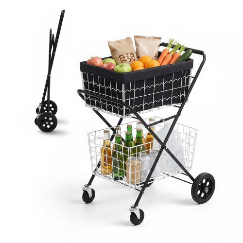 VEVOR Shopping Cart 2-Tier with Wheels Foldable for Grocery 40 kg Capacity, Heavy Duty Utility Cart with 2 Detachable Storage Baskets, 360° Rolling Swivel Wheels, for Groceries, Warehouse, Supermarket