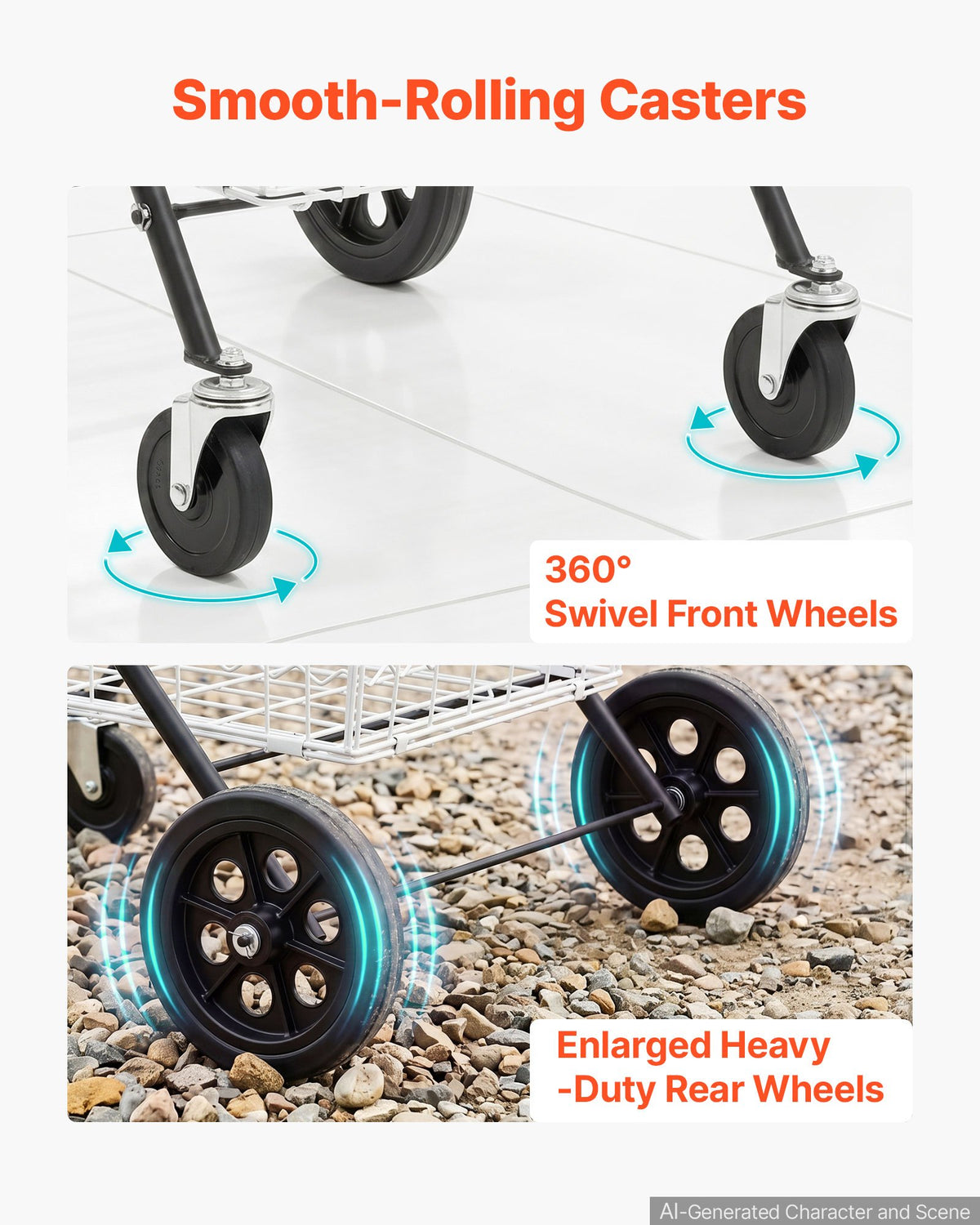 VEVOR Shopping Cart 2-Tier with Wheels Foldable for Grocery 40 kg Capacity, Heavy Duty Utility Cart with 2 Detachable Storage Baskets, 360° Rolling Swivel Wheels, for Groceries, Warehouse, Supermarket