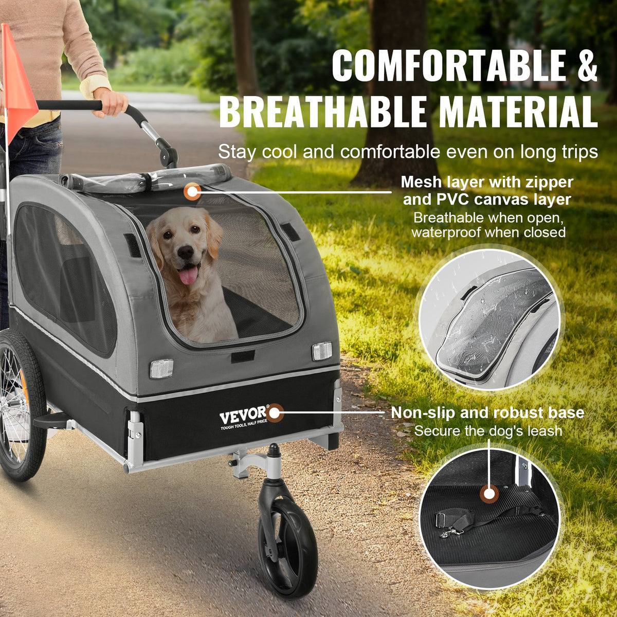 VEVOR Dog Bike Trailer, Supports up to 88 lbs, 2-in-1 Pet Stroller Cart Bicycle Carrier, Easy Folding Cart Frame with Quick Release Wheels, Universal Bicycle Coupler, Reflectors, Flag, Black/Gray