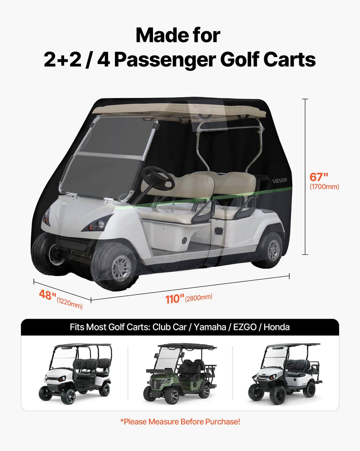VEVOR Golf Cart Cover, Full Coverage 2+2/4 Passenger Golf Cart, 600D Waterproof Oxford Fabric Club Car Cover Fits Most Carts Club Car, Yamaha, EZGO, Honda, PU Coating & Three Zipper Doors