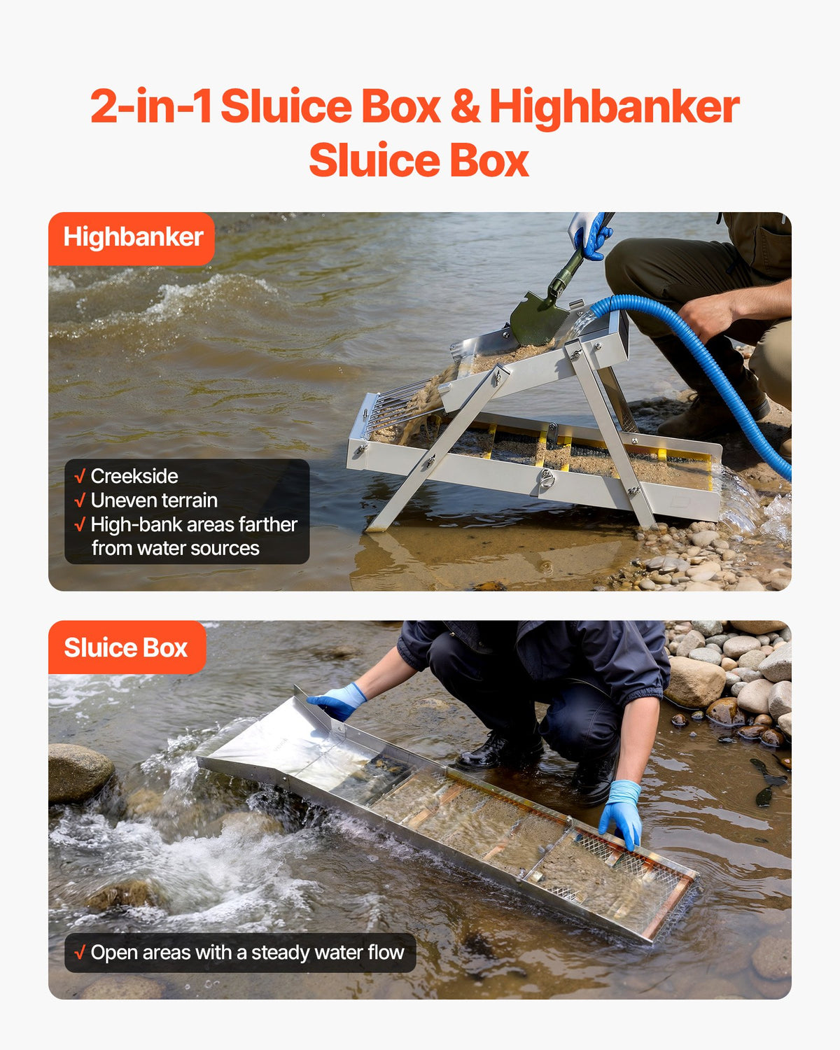 VEVOR High Banker Gold Sluice, 1270 mm 2-in-1 Folding Highbanker Sluice Box, Aluminum Alloy, Portable Mining Equipment with Drawstring Backpack and Gloves, for Gold Prospecting in Creek, High Bank