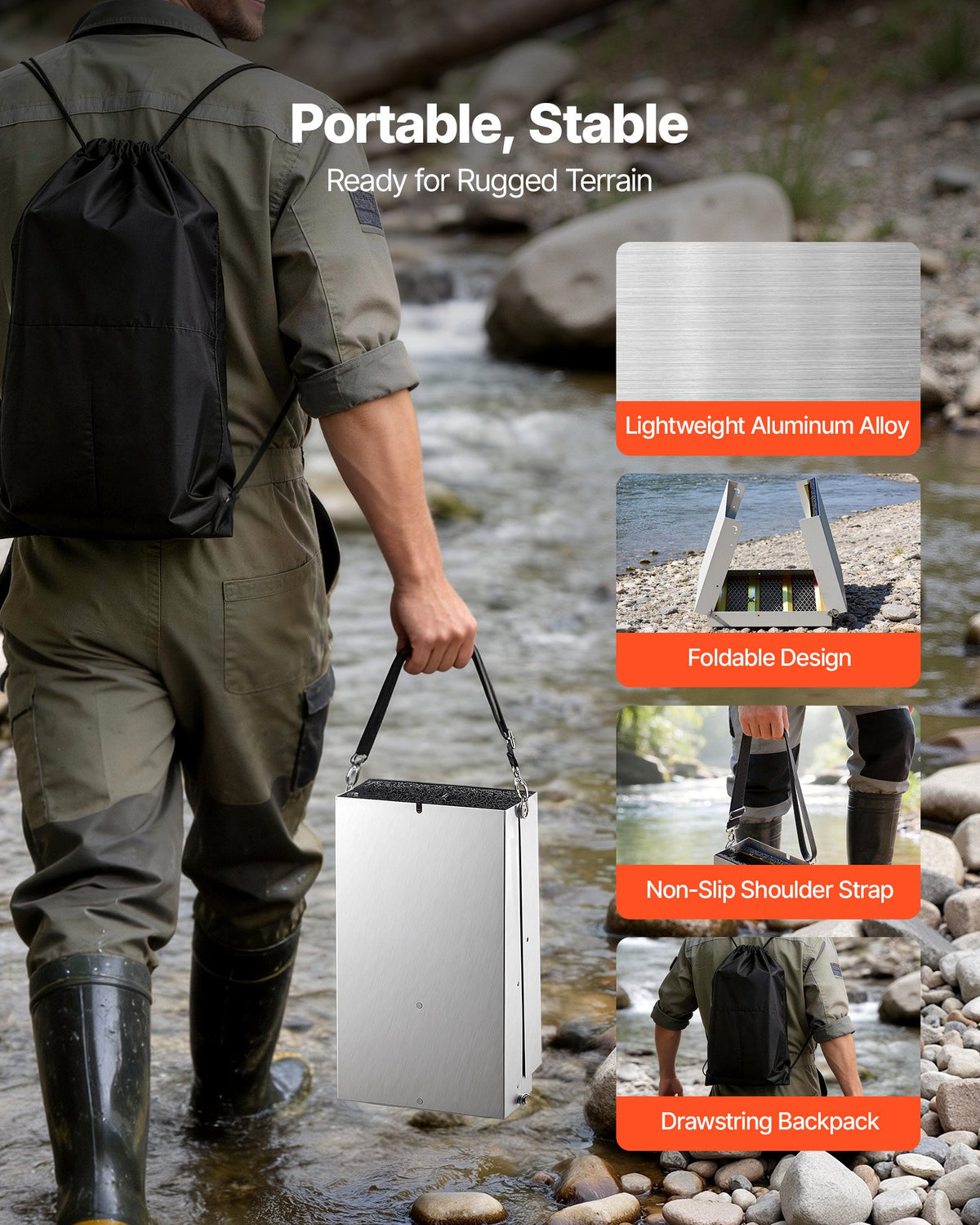 VEVOR High Banker Gold Sluice, 1270 mm 2-in-1 Folding Highbanker Sluice Box, Aluminum Alloy, Portable Mining Equipment with Drawstring Backpack and Gloves, for Gold Prospecting in Creek, High Bank