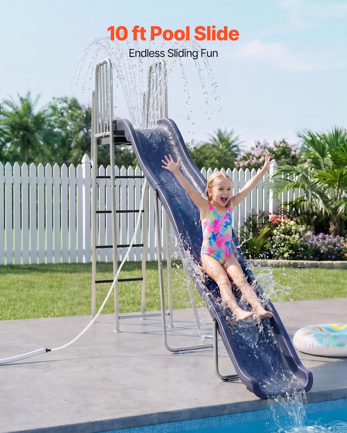 VEVOR Water Slide, Big 305cm Outdoor Waterslide for Kids, Free Standing Pool Slide with Built in Adjustable Sprinkler and Climbing Ladder, Metal Plastic Playground Equipment, Platform for Backyard Fun