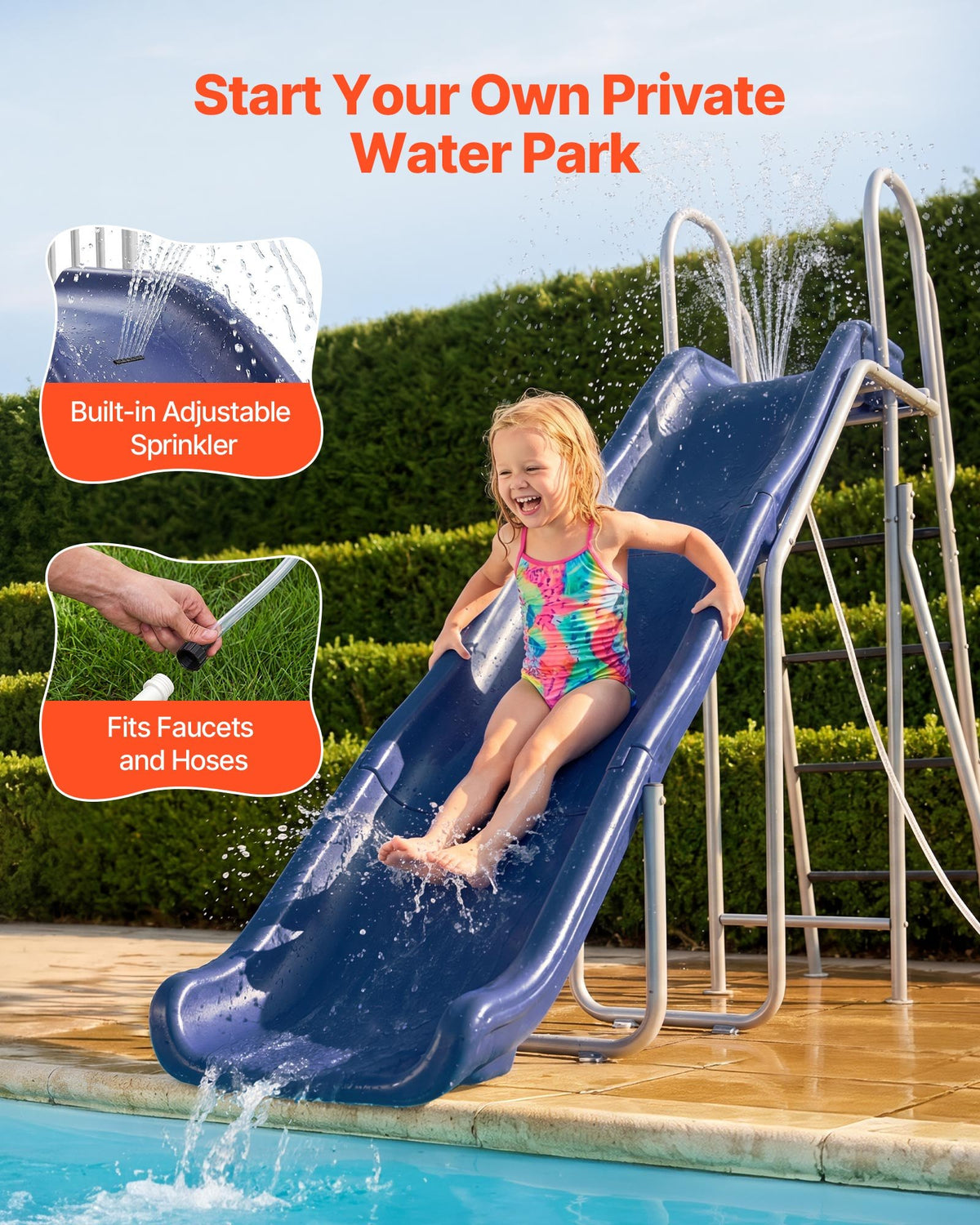 VEVOR Water Slide, Big 305cm Outdoor Waterslide for Kids, Free Standing Pool Slide with Built in Adjustable Sprinkler and Climbing Ladder, Metal Plastic Playground Equipment, Platform for Backyard Fun