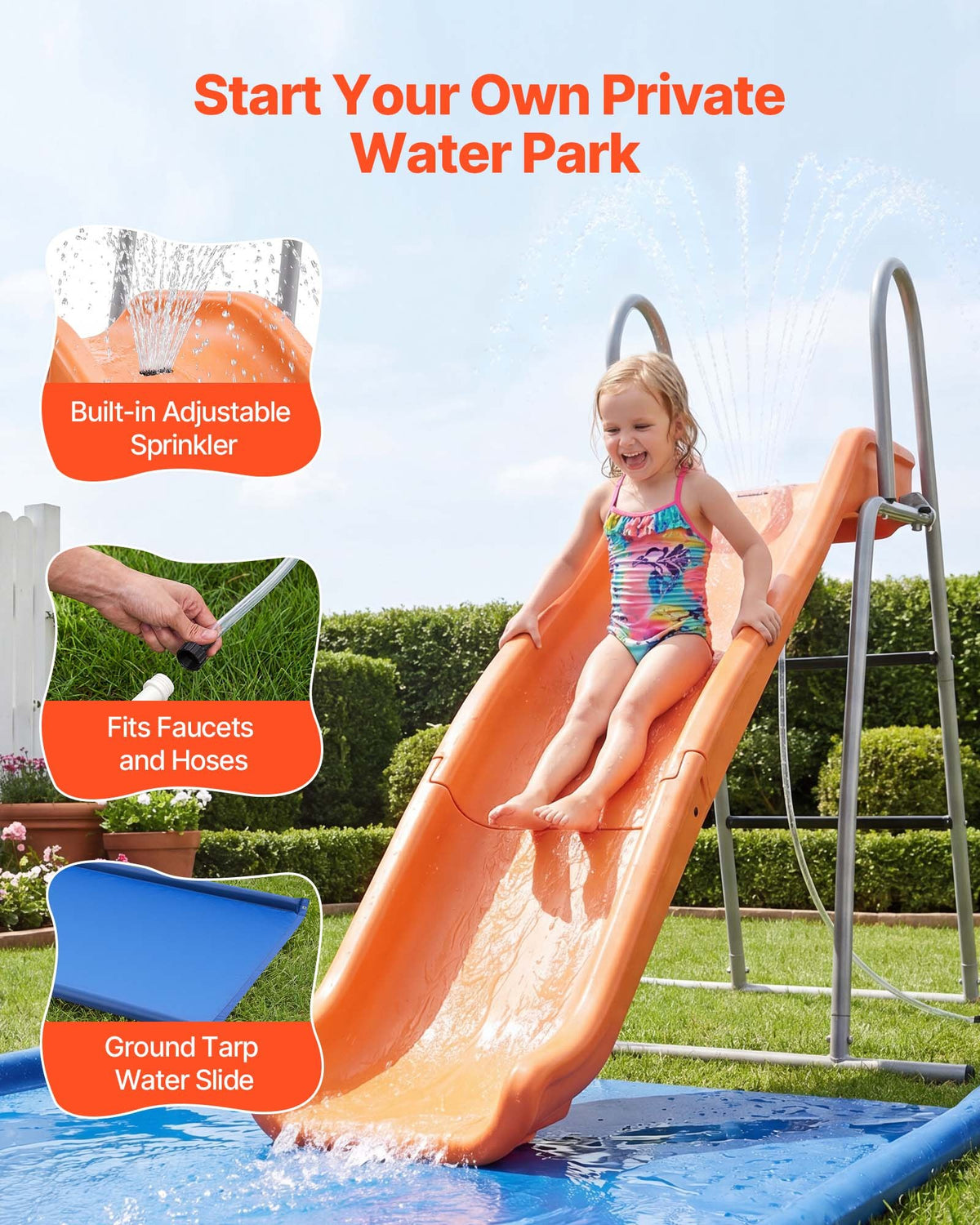 VEVOR Water Slide, 165 cm Outdoor Waterslide for Kids, Free Standing Pool Wave Slide with Ground Tarp, Built in Adjustable Sprinkler, Metal Plastic Playground Equipment, Platform for Backyard Fun