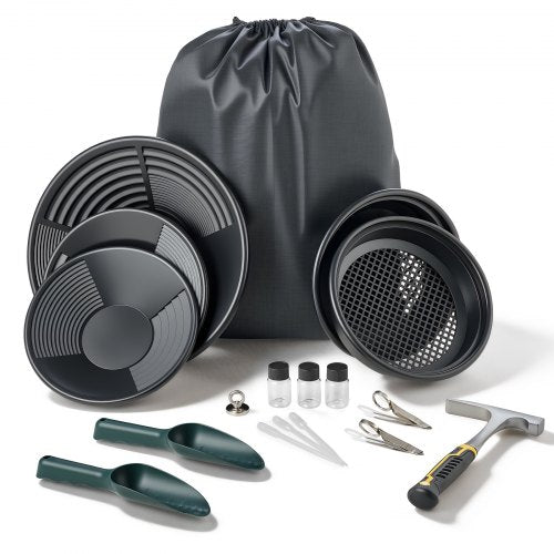 VEVOR Gold Panning Kit, 254 mm and 355 mm Pans, 19 PCS Portable Prospecting Equipment Kit with Classifier Sieves, Sand Magnet, Rock Pick, Scoops, Backpack, and Accessories, for Outdoor Gold Recovery
