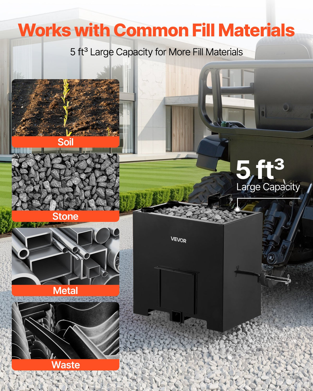 VEVOR Ballast Box, 3-Point Category 1 Tractor Ballast of 363 kg Capacity, with Standard 55 mm Hitch Receiver, Heavy-Duty Steel 0.14 m³ Large Volume Durable Loader Attachment with Sliding Door, Black