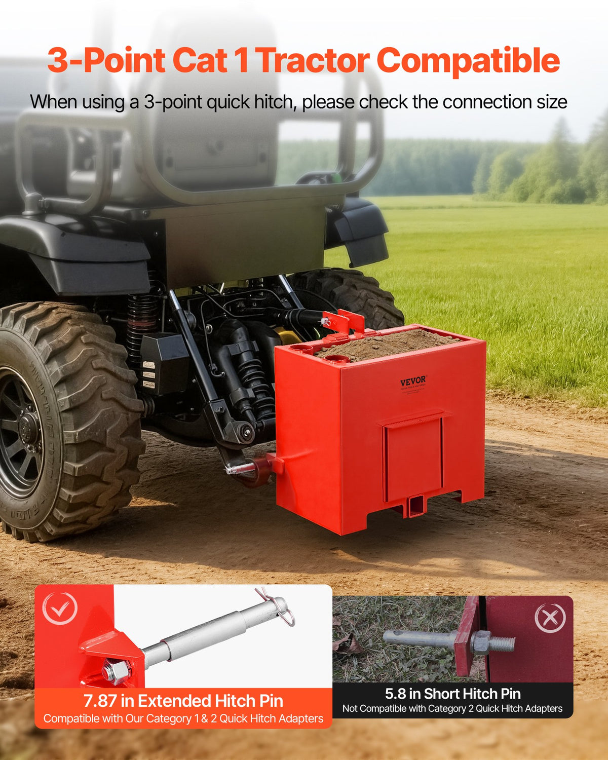 VEVOR Ballast Box, 3-Point Category 1 Tractor Ballast of 363 kg Capacity, with Standard 55 mm Hitch Receiver, Heavy-Duty Steel 0.09 m³ Large Volume Durable Loader Attachment with Sliding Door, Red