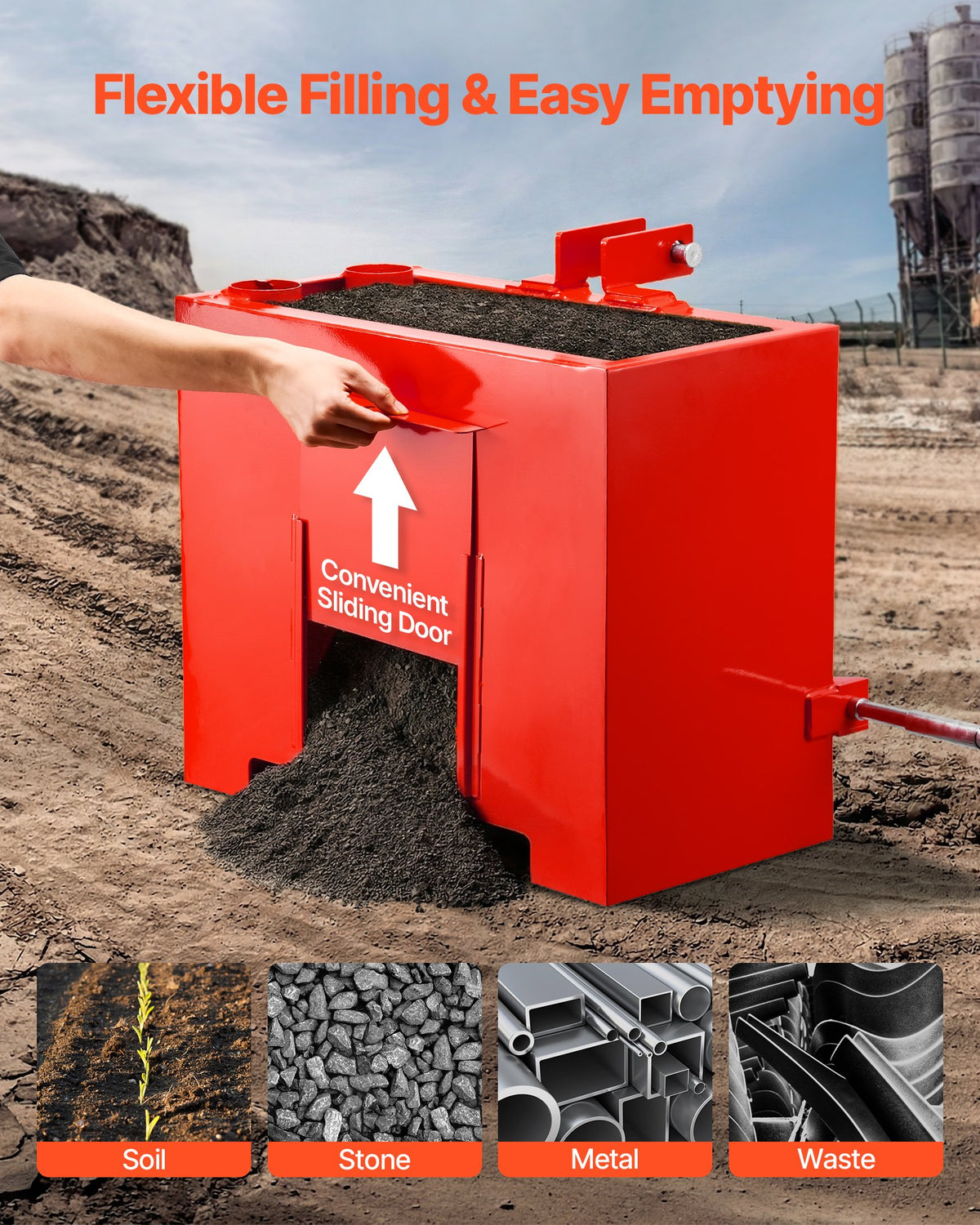 VEVOR Ballast Box, 3-Point Category 1 Tractor Ballast of 363 kg Capacity, with Standard 55 mm Hitch Receiver, Heavy-Duty Steel 0.09 m³ Large Volume Durable Loader Attachment with Sliding Door, Red