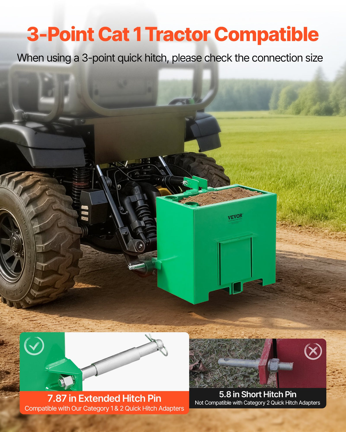 VEVOR Ballast Box, 3-Point Category 1 Tractor Ballast of 363 kg Capacity, with Standard 55 mm Hitch Receiver, Heavy-Duty Steel 0.09 m³ Large Volume Durable Loader Attachment with Sliding Door, Green