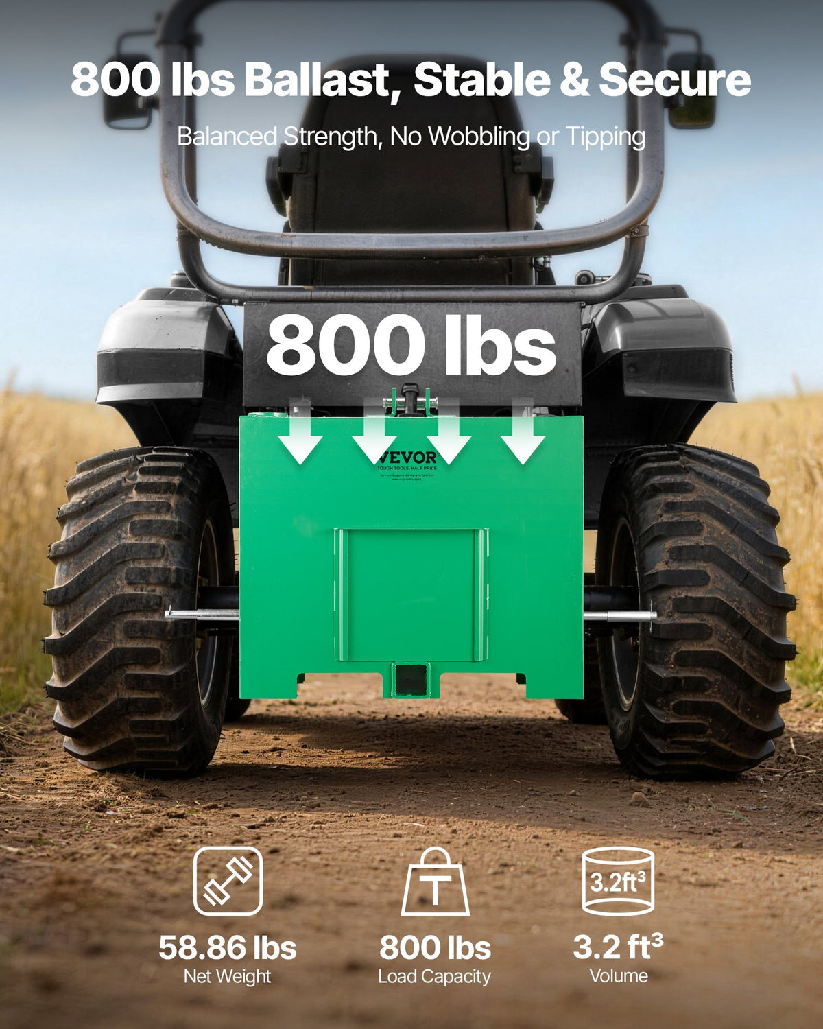 VEVOR Ballast Box, 3-Point Category 1 Tractor Ballast of 363 kg Capacity, with Standard 55 mm Hitch Receiver, Heavy-Duty Steel 0.09 m³ Large Volume Durable Loader Attachment with Sliding Door, Green