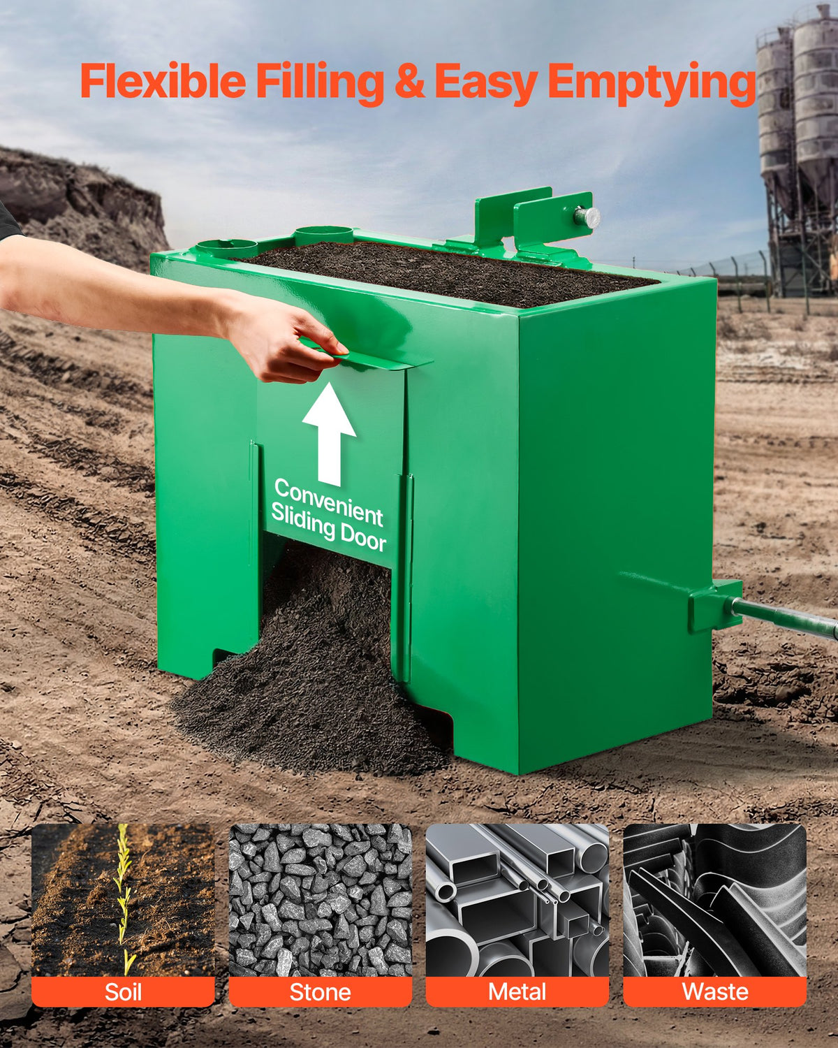 VEVOR Ballast Box, 3-Point Category 1 Tractor Ballast of 363 kg Capacity, with Standard 55 mm Hitch Receiver, Heavy-Duty Steel 0.09 m³ Large Volume Durable Loader Attachment with Sliding Door, Green