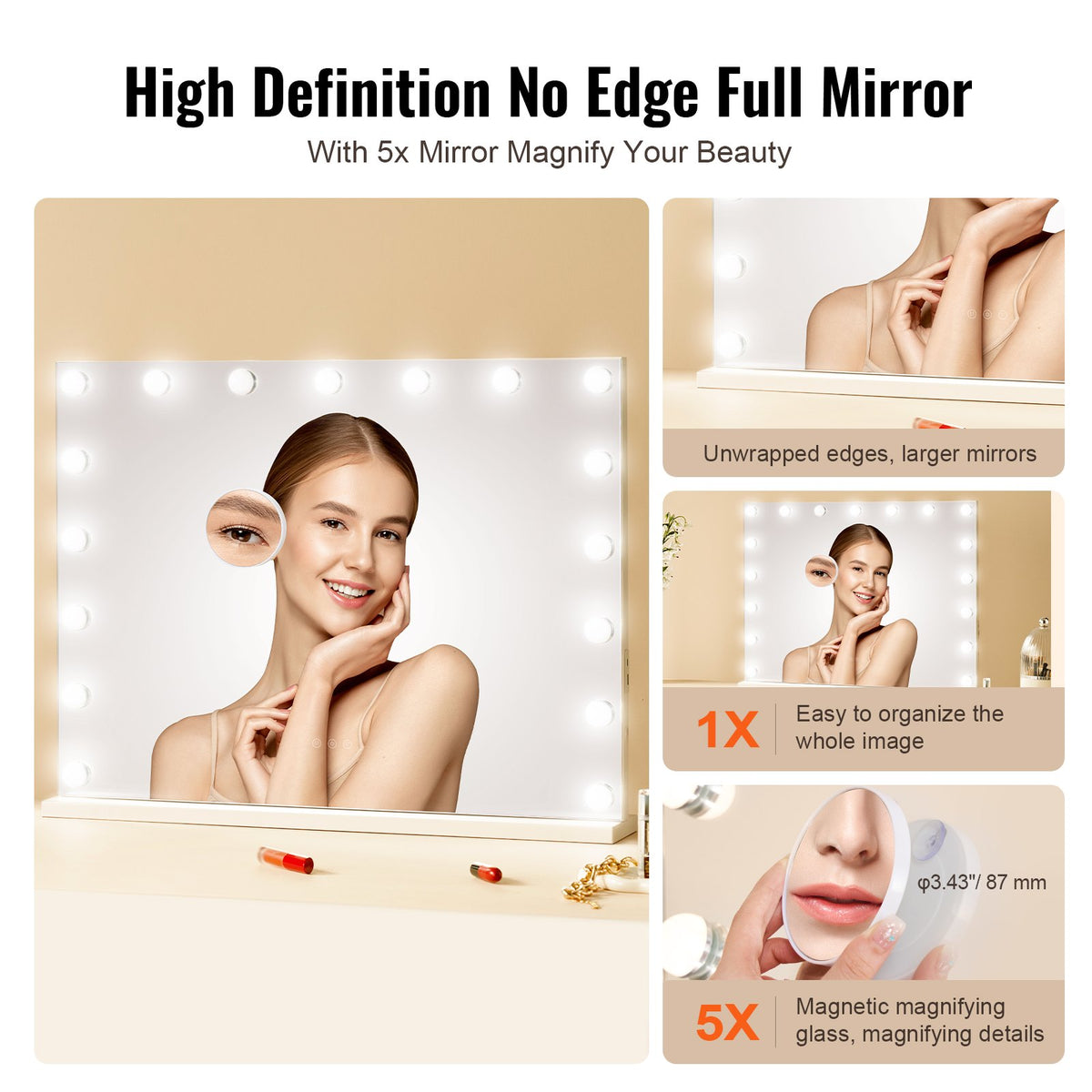 VEVOR Hollywood Vanity Mirror With Lights w/ USB Type C Desktop Wallmount 59.9 cm