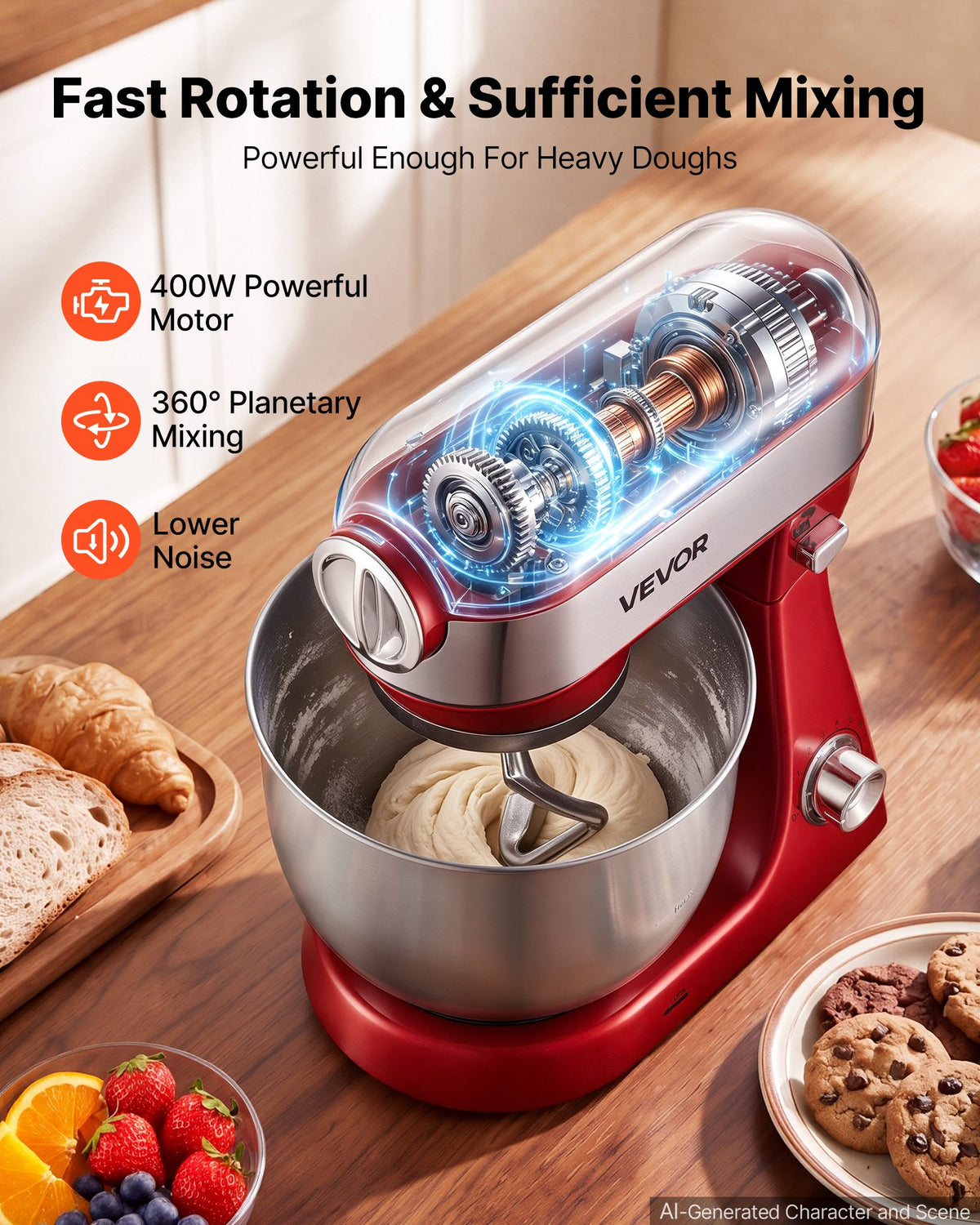 VEVOR 5L Tilt Head Stand Mixer 1000W Electric Dough Mixer, 10 Speeds Food Kitchen Mixer with Stainless Steel Bowl, Splash Guard, Dough Hook, Whisk, Beater, for Baking Mixing Whipping