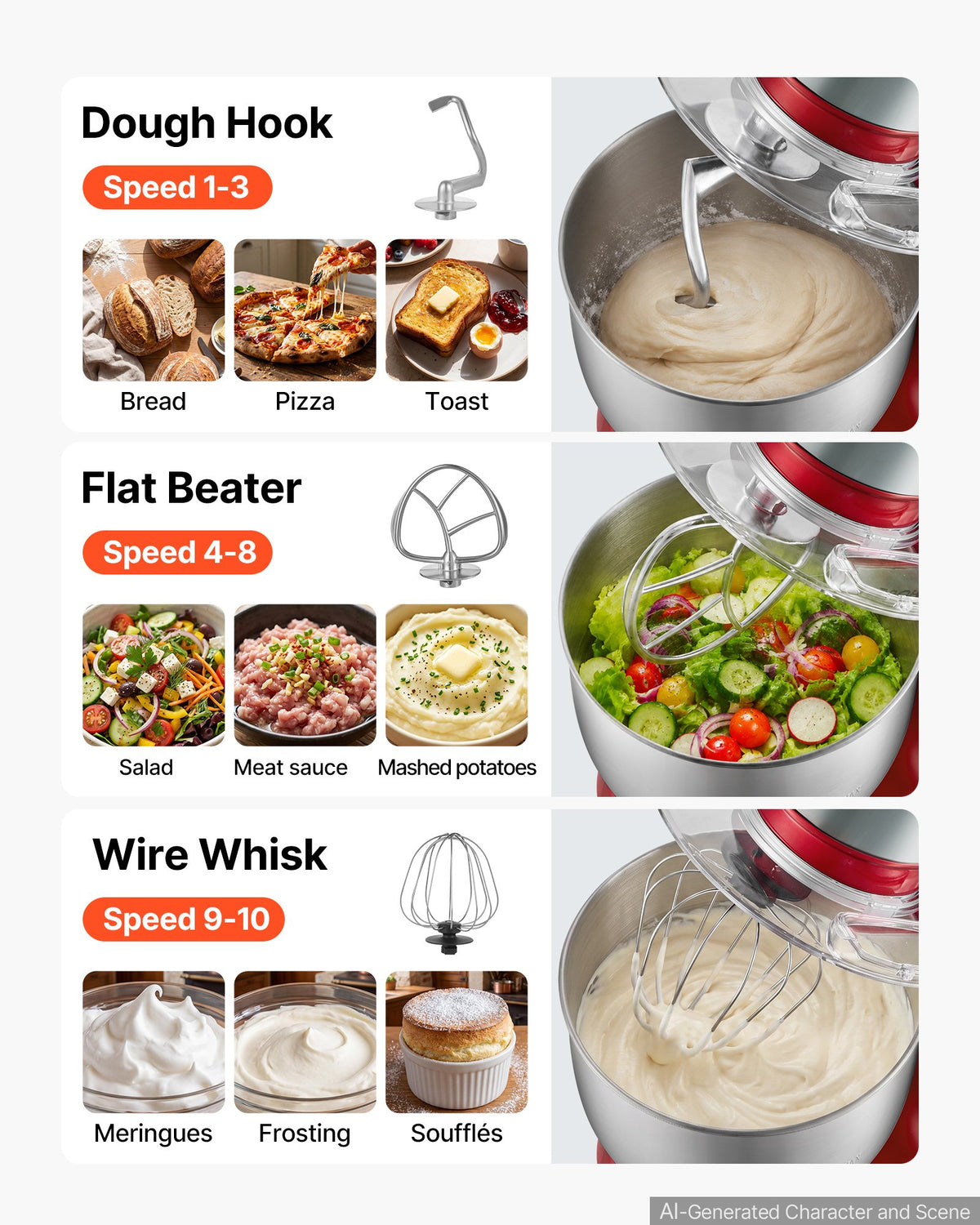 VEVOR 5L Tilt Head Stand Mixer 1000W Electric Dough Mixer, 10 Speeds Food Kitchen Mixer with Stainless Steel Bowl, Splash Guard, Dough Hook, Whisk, Beater, for Baking Mixing Whipping