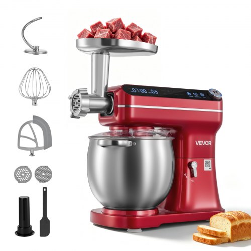 VEVOR 7L 2-in-1 Tilt Head Stand Mixer 1000W Electric Dough Mixer, Multifunctional Food Kitchen Mixer with Stainless Steel Bowl, Meat Grinder Attachment, Dough Hook, Whisk, and Beater
