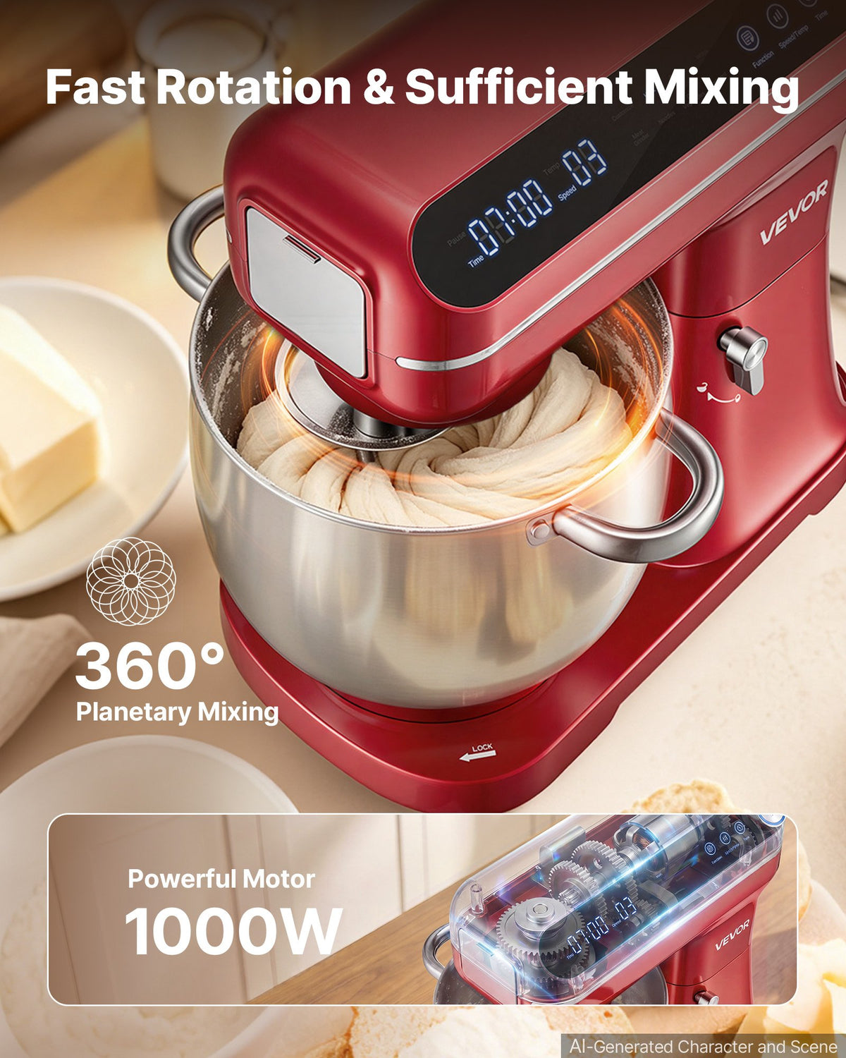 VEVOR 7L 2-in-1 Tilt Head Stand Mixer 1000W Electric Dough Mixer, Multifunctional Food Kitchen Mixer with Stainless Steel Bowl, Meat Grinder Attachment, Dough Hook, Whisk, and Beater
