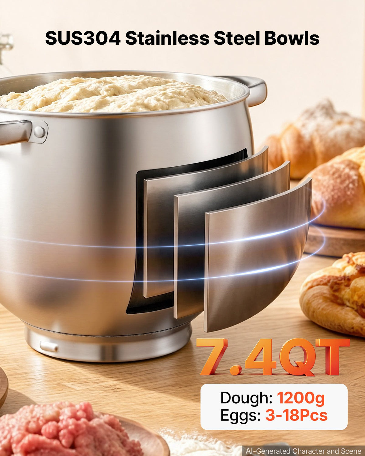 VEVOR 7L 2-in-1 Tilt Head Stand Mixer 1000W Electric Dough Mixer, Multifunctional Food Kitchen Mixer with Stainless Steel Bowl, Meat Grinder Attachment, Dough Hook, Whisk, and Beater