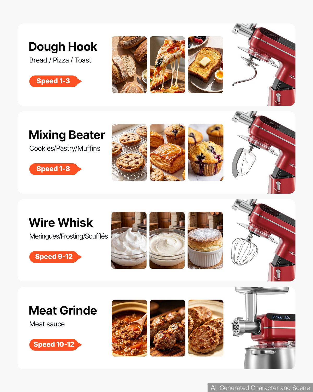 VEVOR 7L 2-in-1 Tilt Head Stand Mixer 1000W Electric Dough Mixer, Multifunctional Food Kitchen Mixer with Stainless Steel Bowl, Meat Grinder Attachment, Dough Hook, Whisk, and Beater