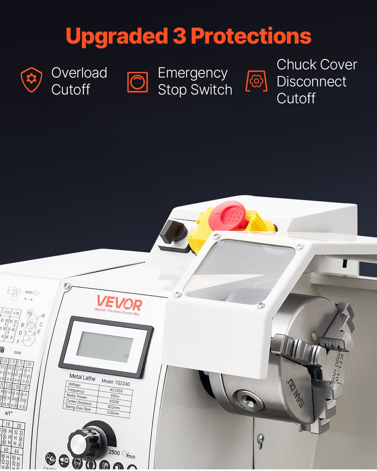 VEVOR Metal Lathe 220 x 402 mm 650W Benchtop Lathe Machine Variable Speed, 2500 RPM Max Speed with Metal Gear, Reversible Direction, 14 Metric 10 Imperial Threads, for Precision Metalworking Turning