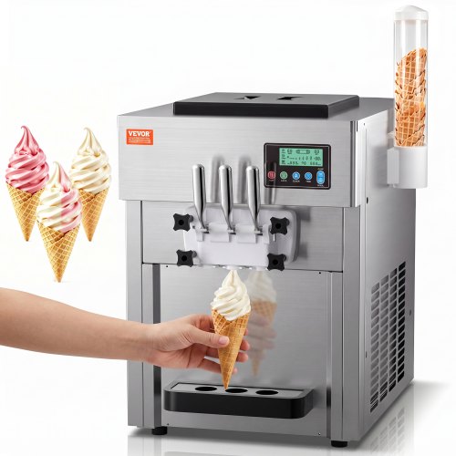 VEVOR Commercial Ice Cream Machine, 21 QT/H Yield, 1800W 3-Flavor Countertop Soft Serve Ice Cream Maker, 2 x 4L Hopper 2 x 1.8L Cylinder, LCD Panel Auto Clean Pre-cooling, for Restaurant Snack Bar