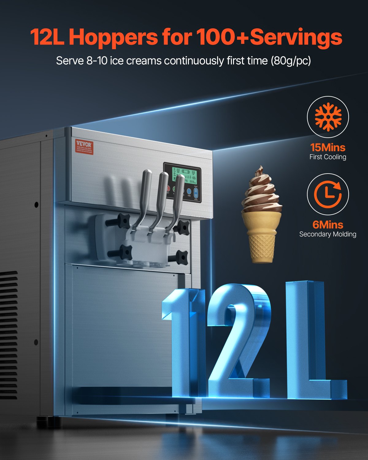 VEVOR Commercial Ice Cream Machine, 21 QT/H Yield, 1800W 3-Flavor Countertop Soft Serve Ice Cream Maker, 2 x 4L Hopper 2 x 1.8L Cylinder, LCD Panel Auto Clean Pre-cooling, for Restaurant Snack Bar