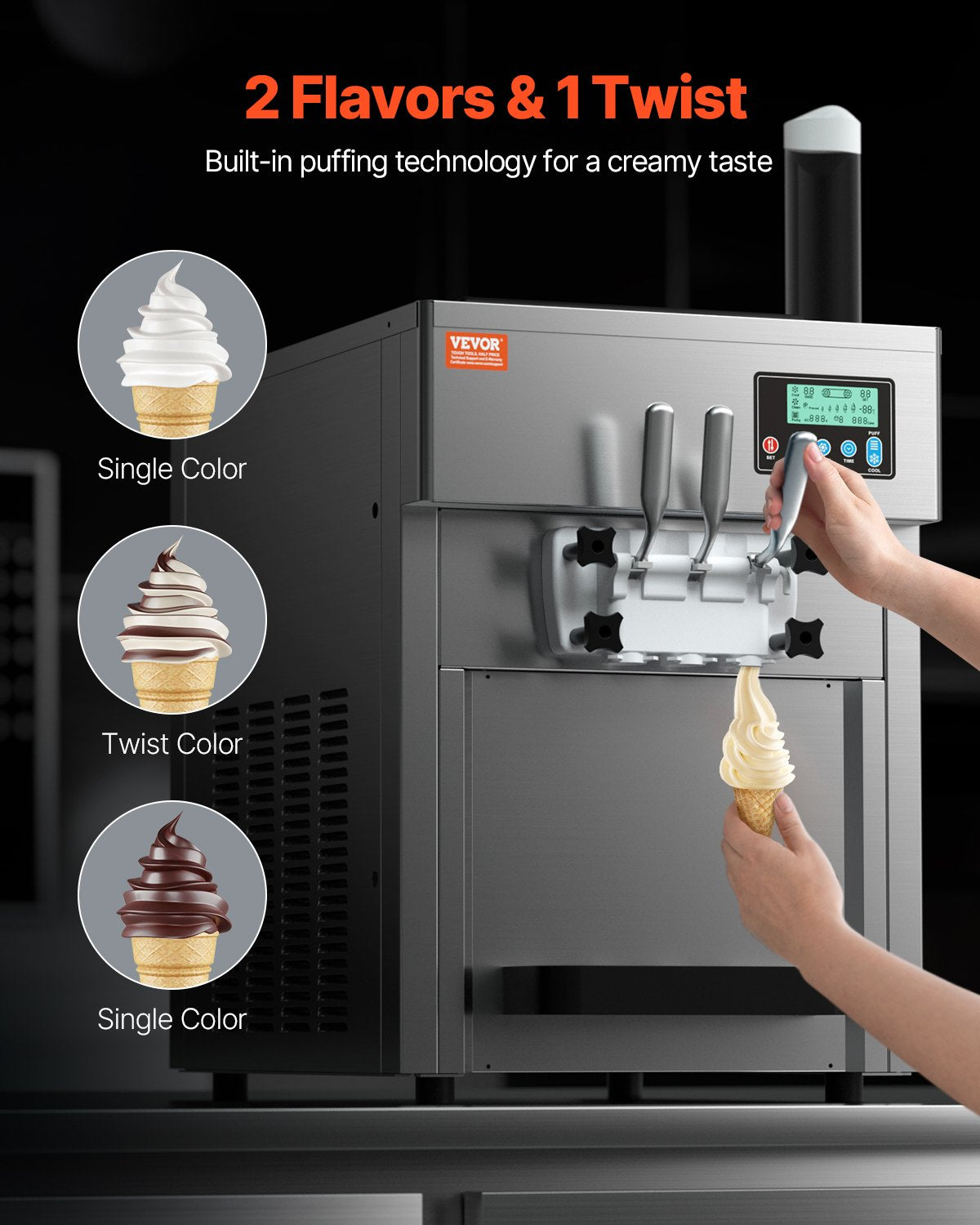 VEVOR Commercial Ice Cream Machine, 21 QT/H Yield, 1800W 3-Flavor Countertop Soft Serve Ice Cream Maker, 2 x 4L Hopper 2 x 1.8L Cylinder, LCD Panel Auto Clean Pre-cooling, for Restaurant Snack Bar