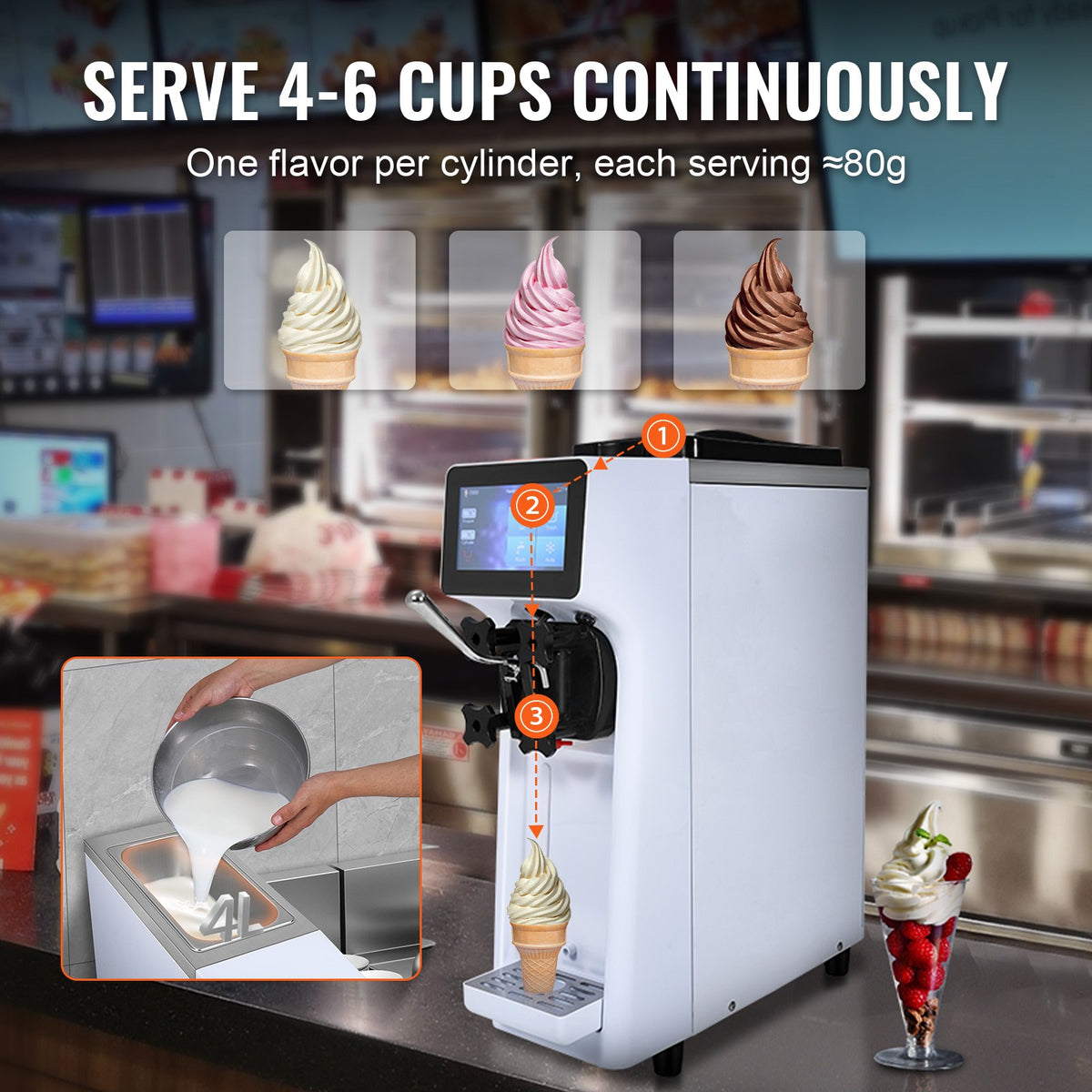 VEVOR Commercial Ice Cream Machine, 10L/H Yield, 900W Single Flavor Countertop Soft Serve Ice Cream Maker, 4L Hopper 1.6L Cylinder, Touch Screen Auto Clean Pre-cooling, for Restaurant Snack Bar