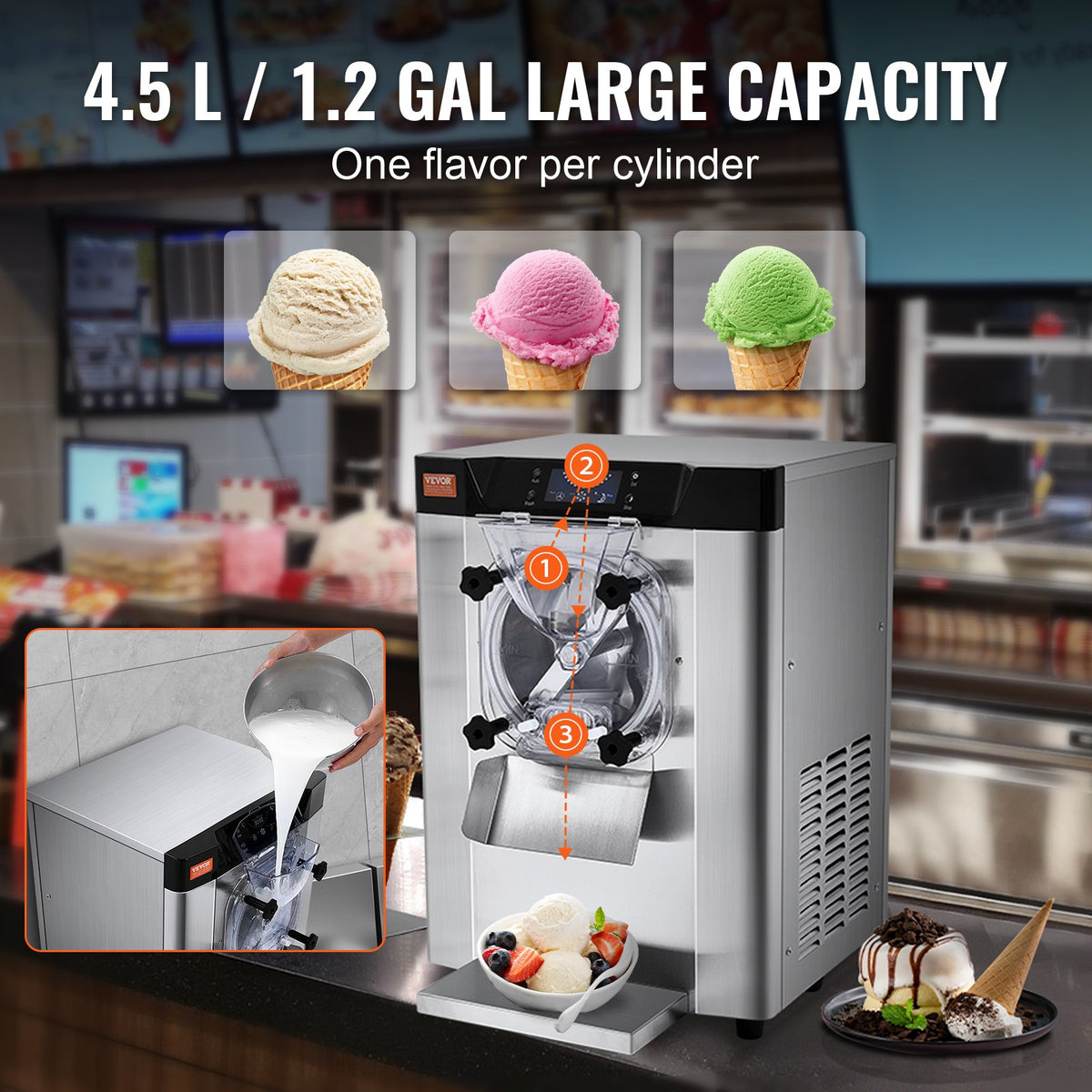 VEVOR Commercial Ice Cream Machine, 12 L/H Yield, 1295W Single Flavor Countertop Hard Serve Ice Cream Maker,  4.5L Stainless Steel Cylinder, LED Panel Auto Clean Pre-cooling, for Restaurant Snack Bars