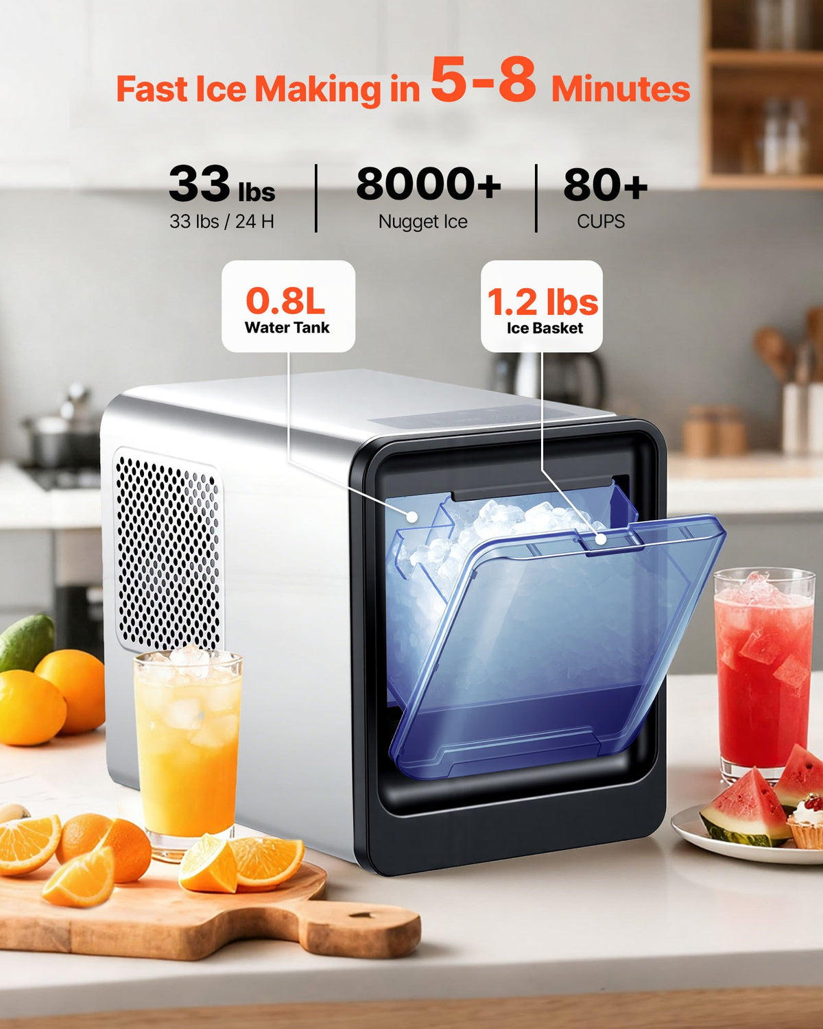 VEVOR Countertop Ice Maker, 15 kg per Day, Self-Cleaning Portable Machine with Scoop, Drawer-Style Ice Access, Nugget Ice-Making Machine with Chewable Ices for Home, Kitchen, Office, Bar & Party