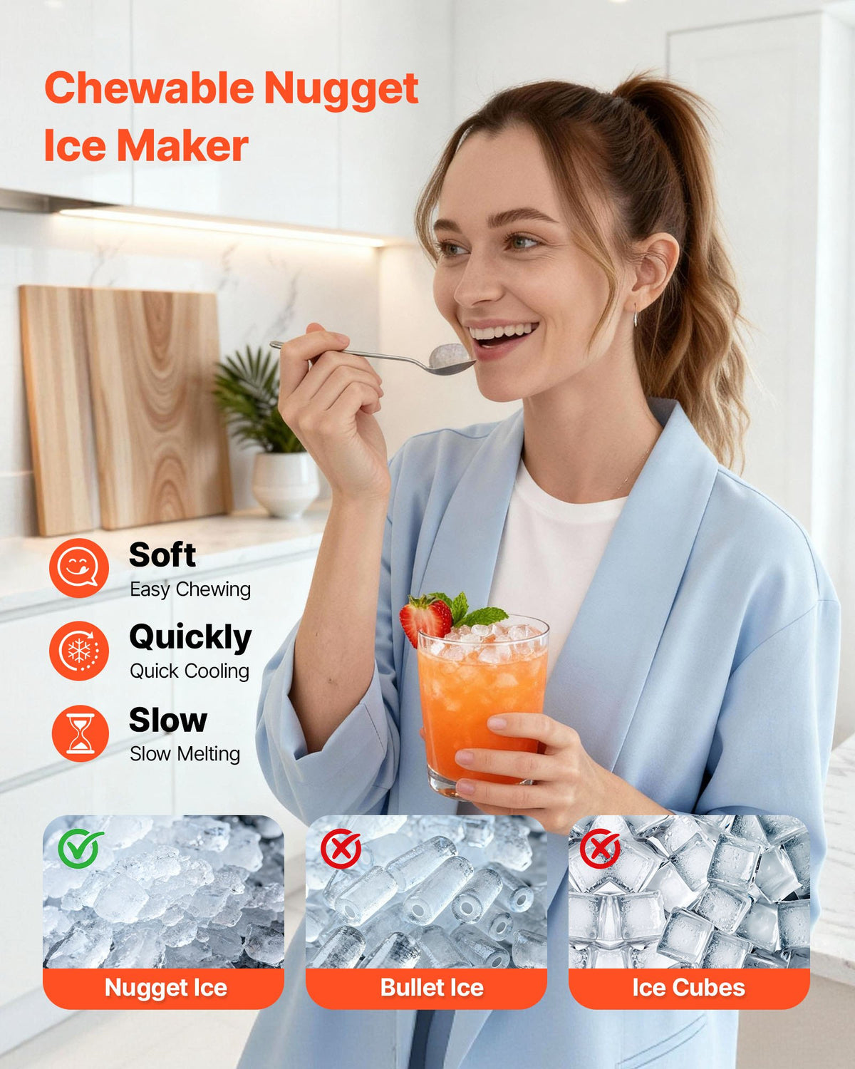 VEVOR Countertop Ice Maker, 15 kg per Day, Self-Cleaning Portable Machine with Scoop, Drawer-Style Ice Access, Nugget Ice-Making Machine with Chewable Ices for Home, Kitchen, Office, Bar & Party