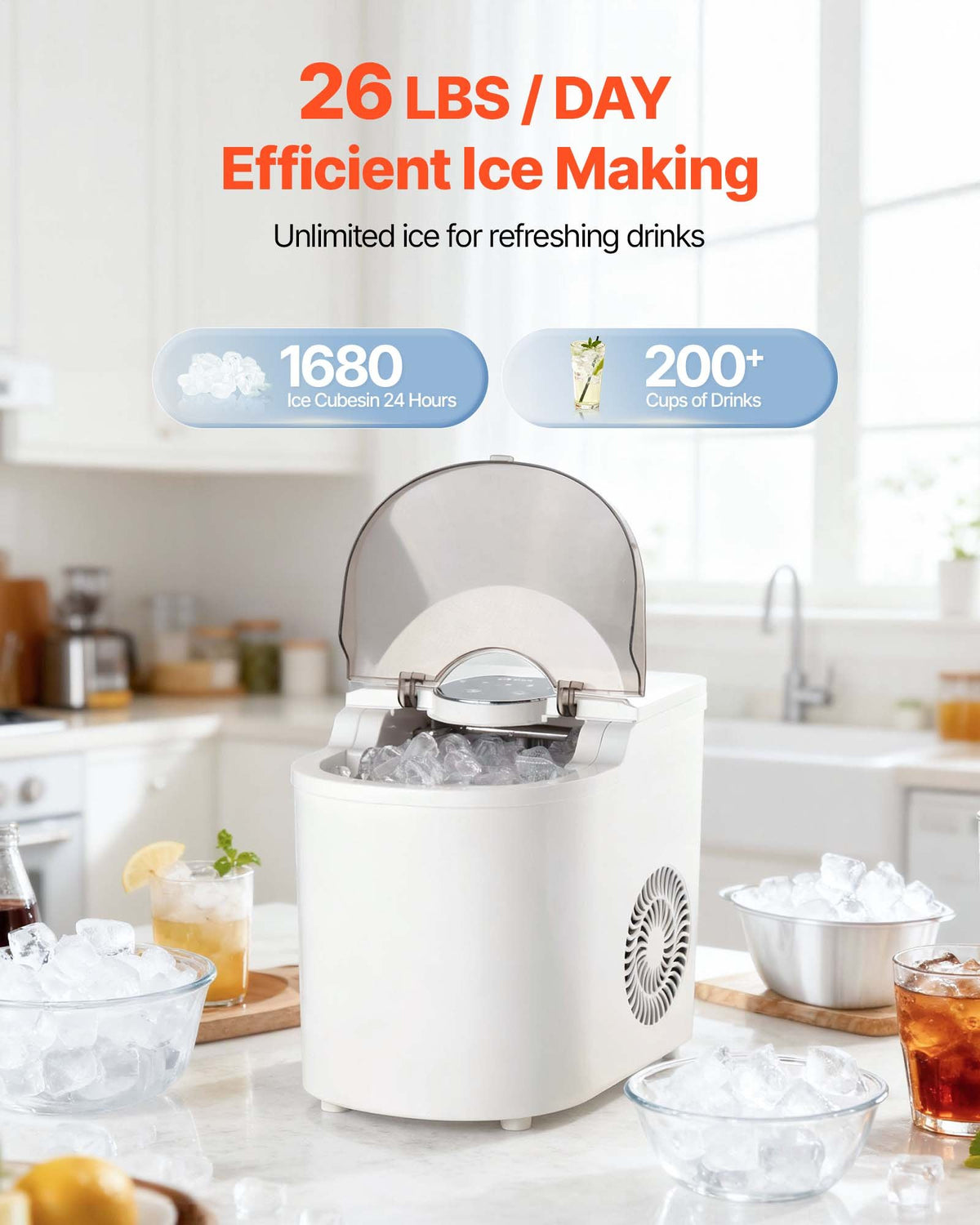 VEVOR Countertop Ice Maker, 7 Cubes Ready in 6 Mins, 11.8 kg per Day, Self-Cleaning Portable Machine with Ice Scoop, Ice-Making Machine with 2 Sizes Bullet Ices for Home, Kitchen, Office, Bar & Party