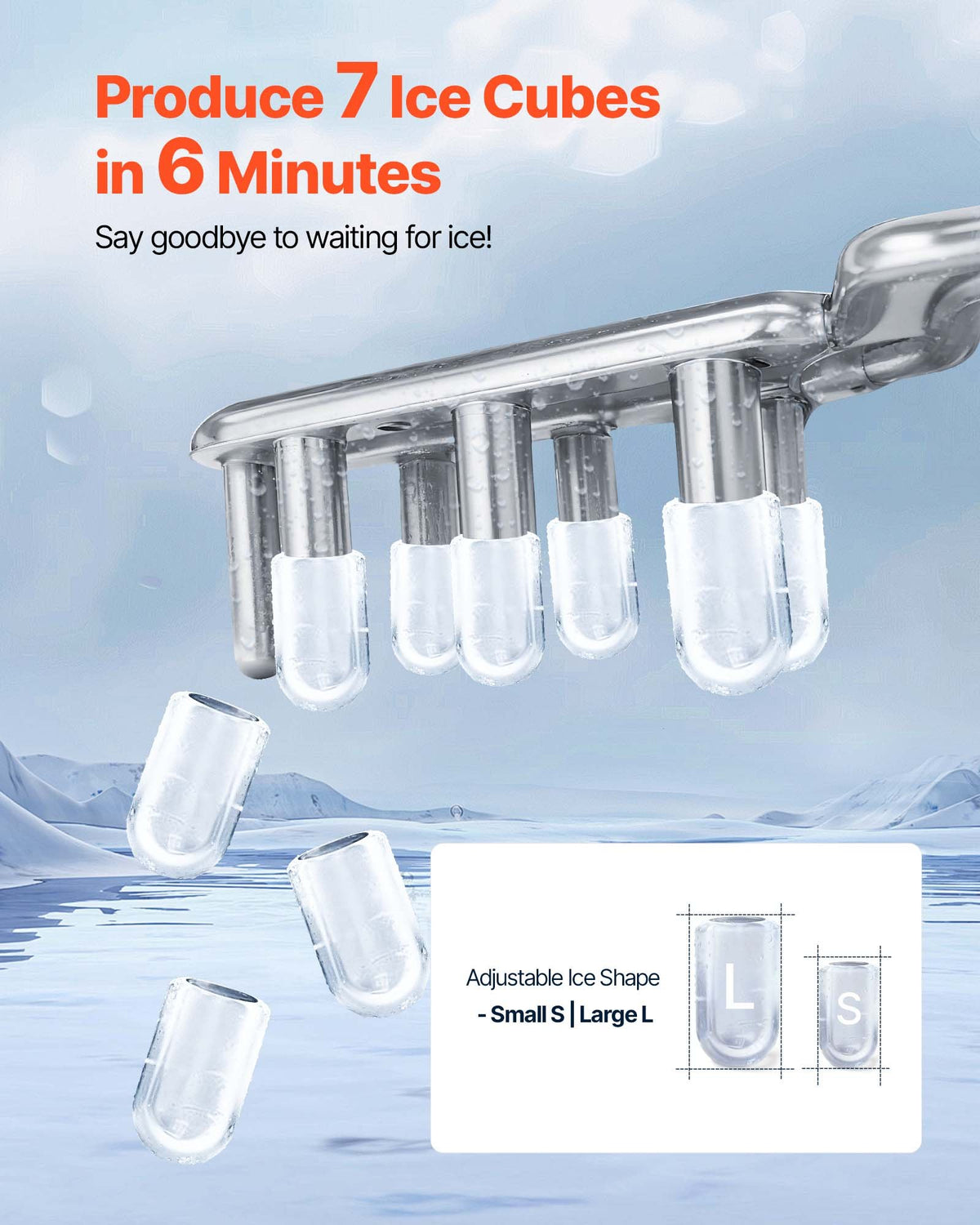 VEVOR Countertop Ice Maker, 7 Cubes Ready in 6 Mins, 11.8 kg per Day, Self-Cleaning Portable Machine with Ice Scoop, Ice-Making Machine with 2 Sizes Bullet Ices for Home, Kitchen, Office, Bar & Party