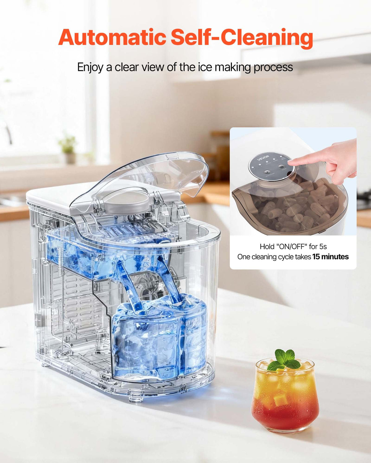VEVOR Countertop Ice Maker, 7 Cubes Ready in 6 Mins, 11.8 kg per Day, Self-Cleaning Portable Machine with Ice Scoop, Ice-Making Machine with 2 Sizes Bullet Ices for Home, Kitchen, Office, Bar & Party