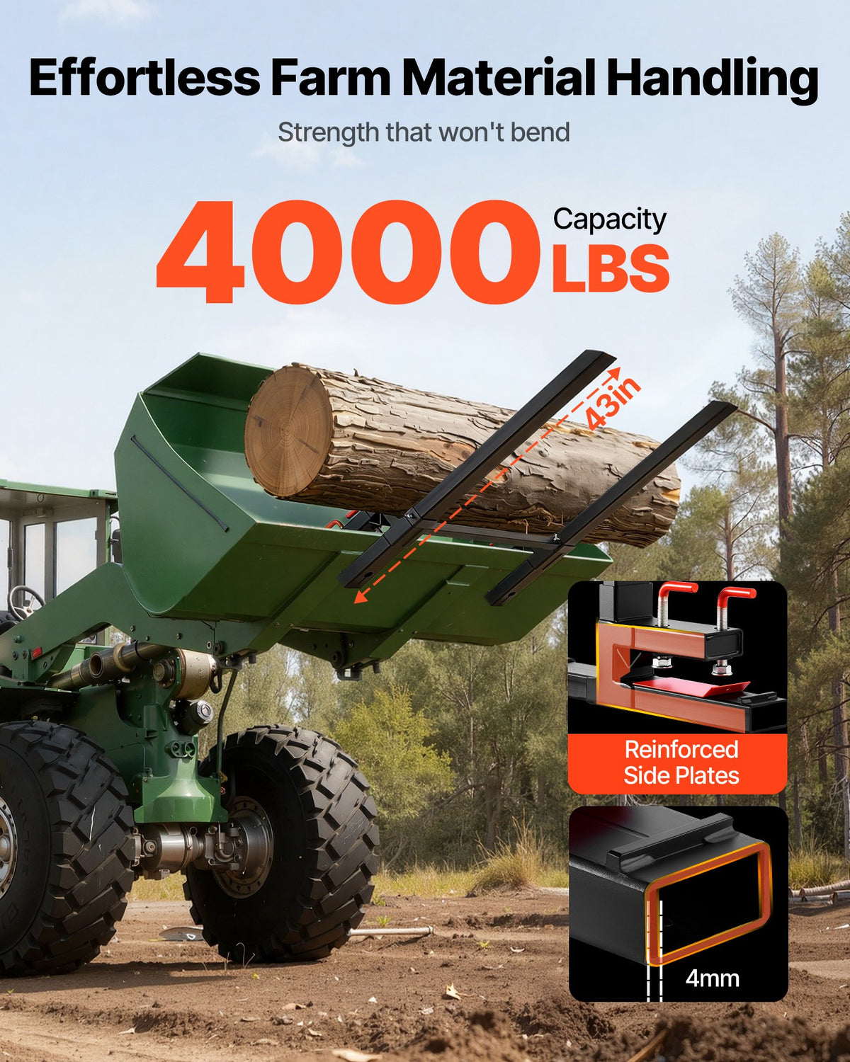 VEVOR Pallet Forks, 1814 kg Clamp on Pallet Forks, 149 cm Total Length Heavy-Duty Tractor Fork with Anti-Tilt Bar & Adjustable Stabilizer Bar, Fit for Loader Bucket Skid Steer Tractor, Black