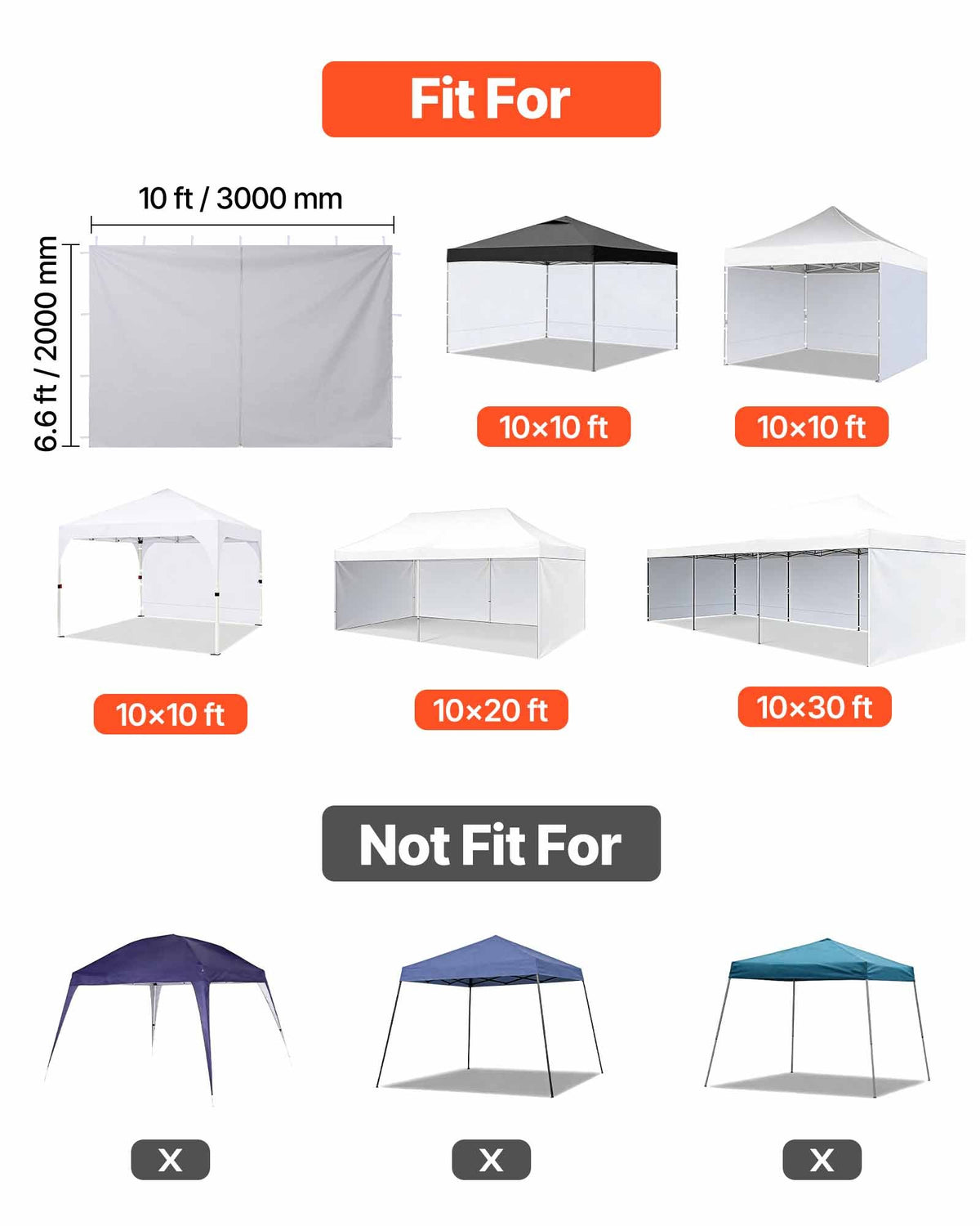 VEVOR Canopy Sidewalls, Fit for 3 x 3 m Pop Up Canopy Tent, Tent Side Walls with Waterproof and Sunlight Protection Layer for Outdoor Event Tents, Vendor Booths, Camping (4 Sidewalls Only, White)