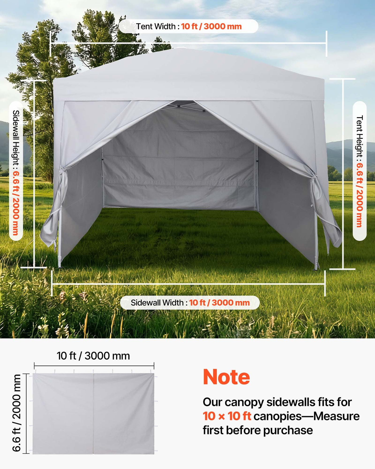 VEVOR Canopy Sidewalls, Fit for 3 x 3 m Pop Up Canopy Tent, Tent Side Walls with Waterproof and Sunlight Protection Layer for Outdoor Event Tents, Vendor Booths, Camping (4 Sidewalls Only, White)