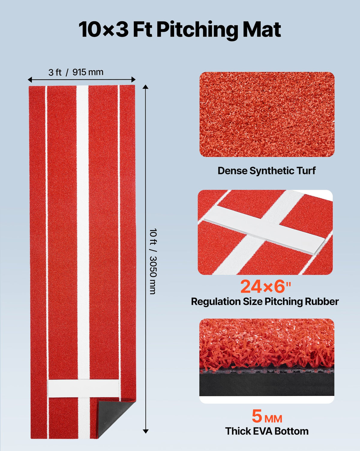 VEVOR Softball Pitching Mat, 305x92cm Baseball Pitching Rubber Mound, Antifade Turf and Antislip Foam Backing Portable Training Aid, Fastpitch Equipment for Pitchers Indoor Outdoor Practice, Red