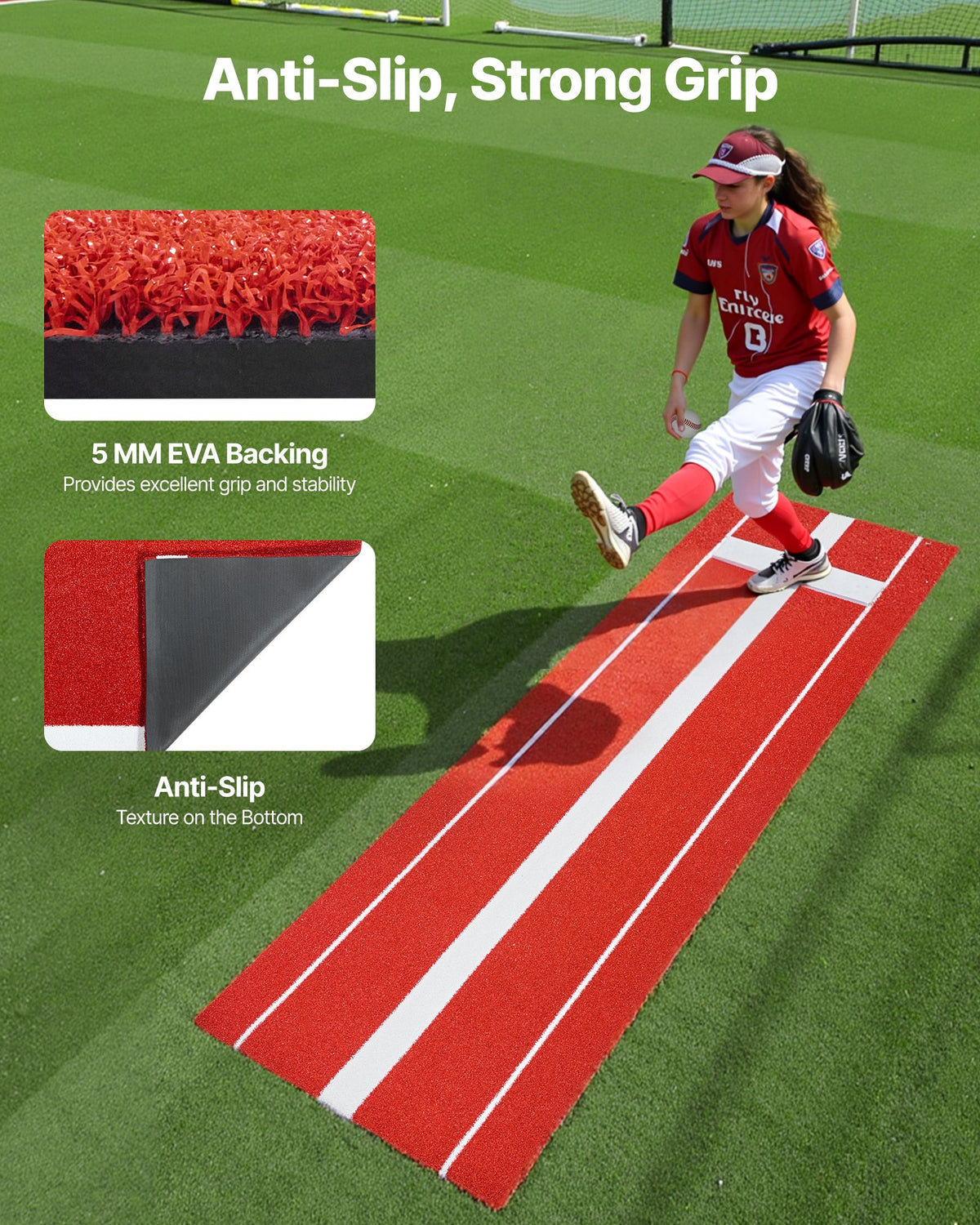 VEVOR Softball Pitching Mat, 305x92cm Baseball Pitching Rubber Mound, Antifade Turf and Antislip Foam Backing Portable Training Aid, Fastpitch Equipment for Pitchers Indoor Outdoor Practice, Red