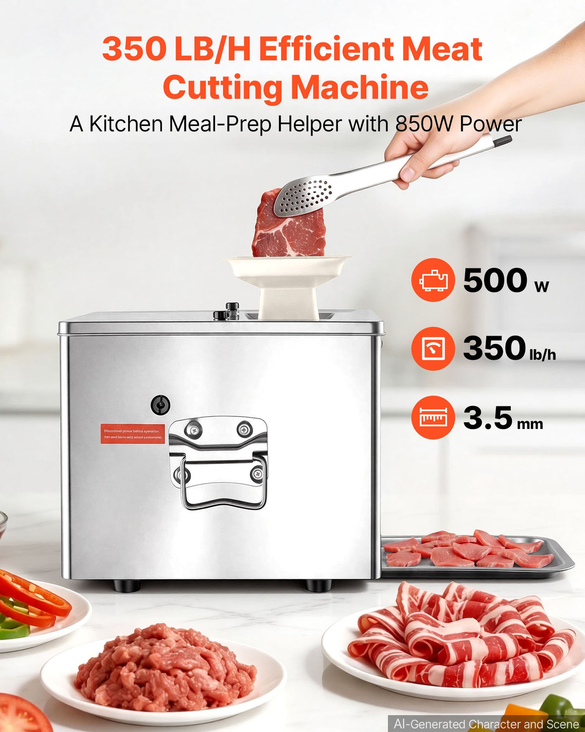 VEVOR Meat Cutter Machine, 550W Meat Slicer, 350 lb/h Commercial Meat Cutting Machine, Stainless Steel, 3.5 mm Thickness, Electric Food Cutting Slicer for Home Kitchen, Restaurant, Supermarket