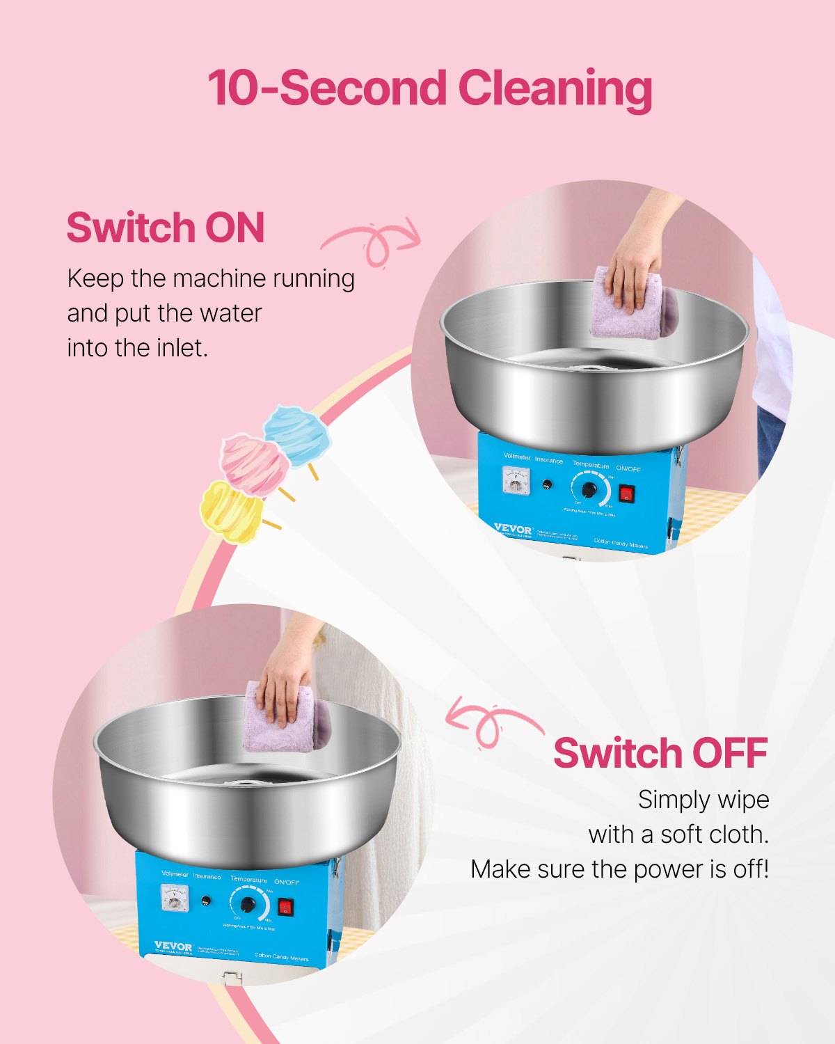 VEVOR Electric Cotton Candy Machine, 1000W Commercial Candy Floss Maker with 52cm in Stainless Steel Bowl, Sugar Scoop, and Drawer, Easy Home Use, Perfect for Kids Birthday, Family Party, Blue