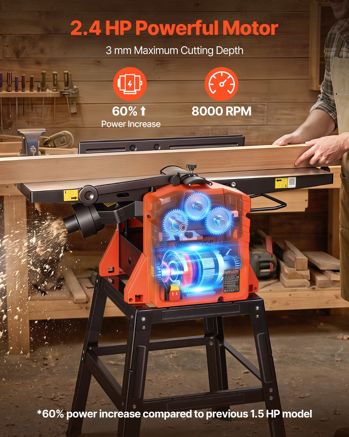 VEVOR Benchtop Planer and Jointer Combo, 254 mm, 2.4 HP 8000 RPM Bench Top Wood Jointer with Stand, 2-Blade Straight Cutterhead, Cast Aluminum Table, 0-3 mm Adjustable Depth, for Woodworking DIY
