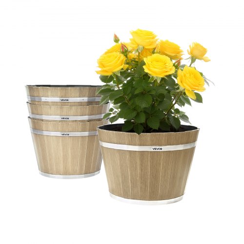 VEVOR Plant Pots, 4 Pack 300 mm Whiskey Barrel Planters with Drainage Holes, Large Outside Plastic Decoration Flower Pot Imitation Wine Barrel Design for Indoor & Outdoor Garden Home Plants, Brown
